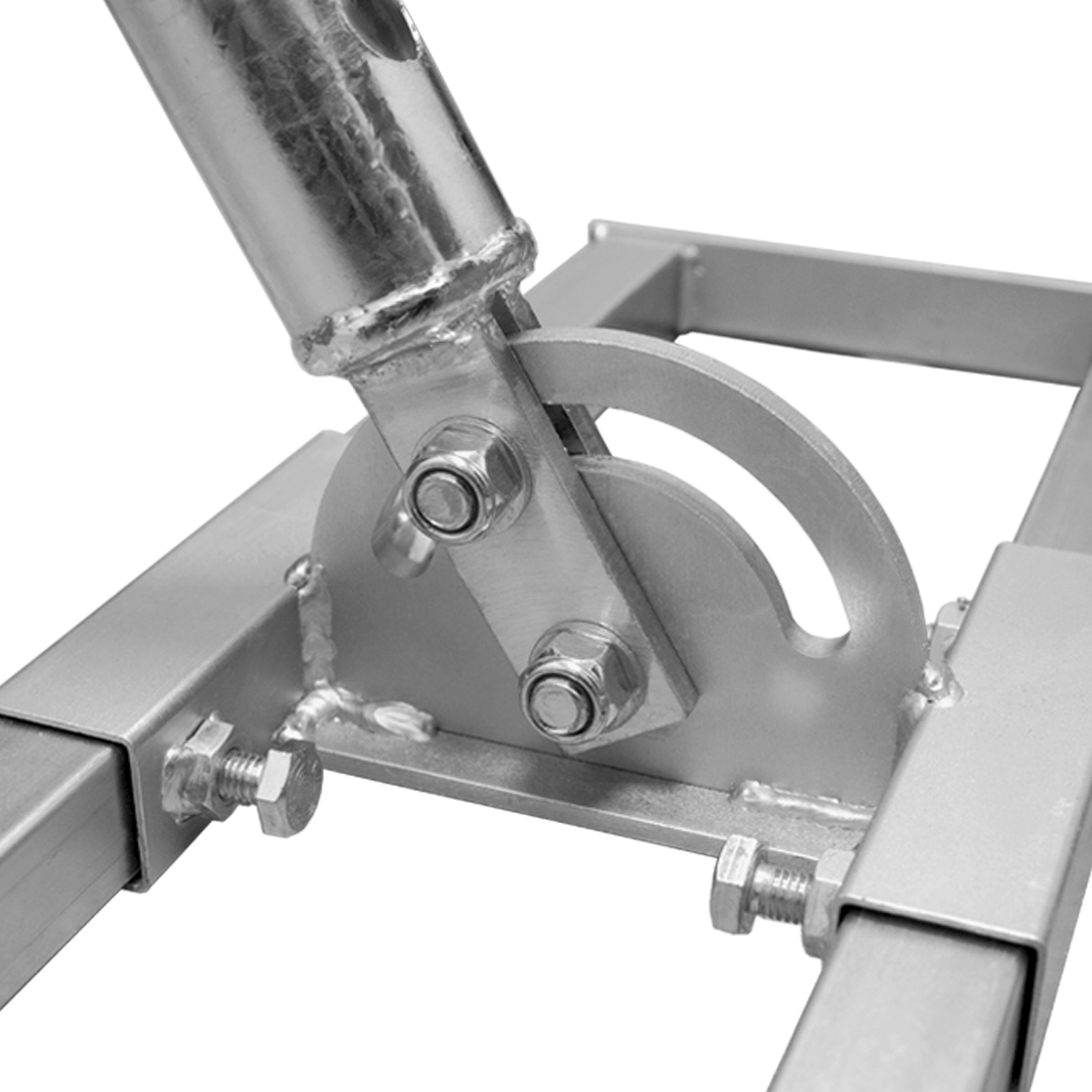 Metallverbindung mit verstellbarem Bogen, Schrauben und Muttern an einem Rahmen.