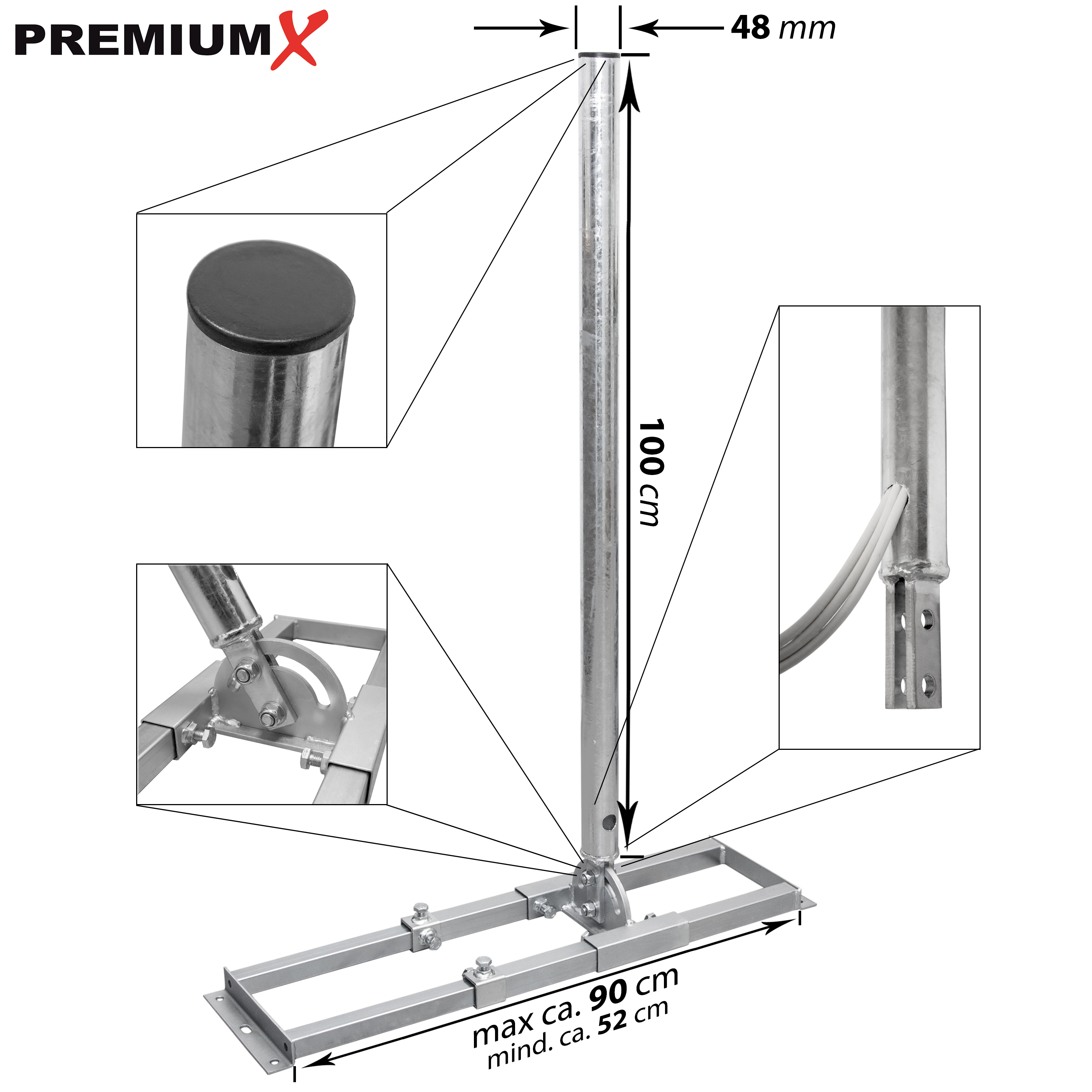 Diagramm eines silbernen Metallmastens mit Sockel, Maßen und Detailaufnahmen von Kappe, Kabelausgang und Gelenk.