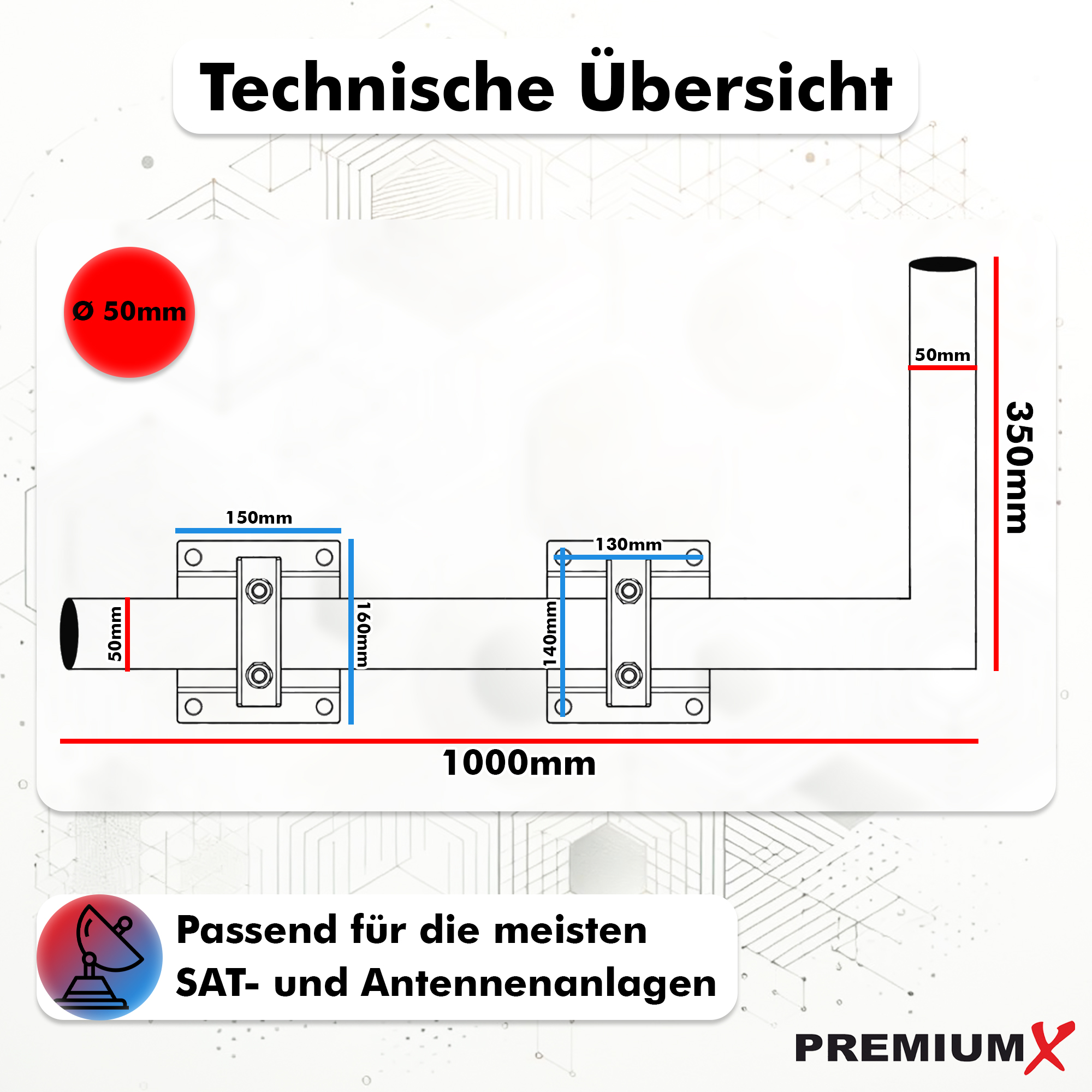 Technische Zeichnung einer Antennenhalterung mit Maßen und Montagedetails auf weißem Hintergrund.