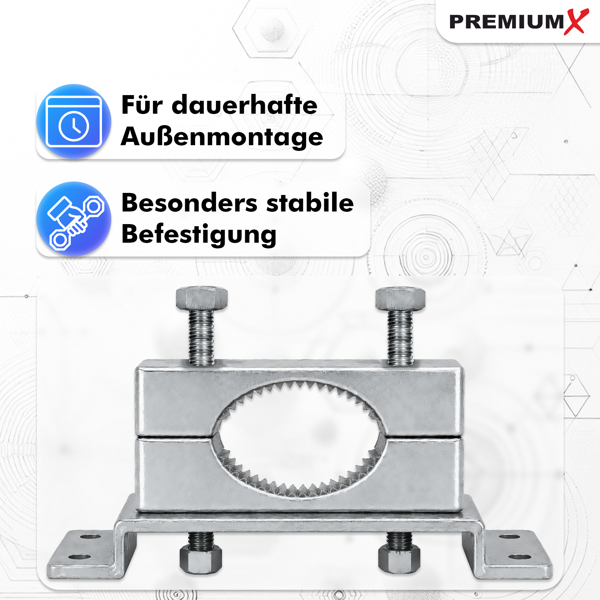 Stabile Metall-Mastschelle mit zwei Schrauben und Montagefuß vor technischem Hintergrund.