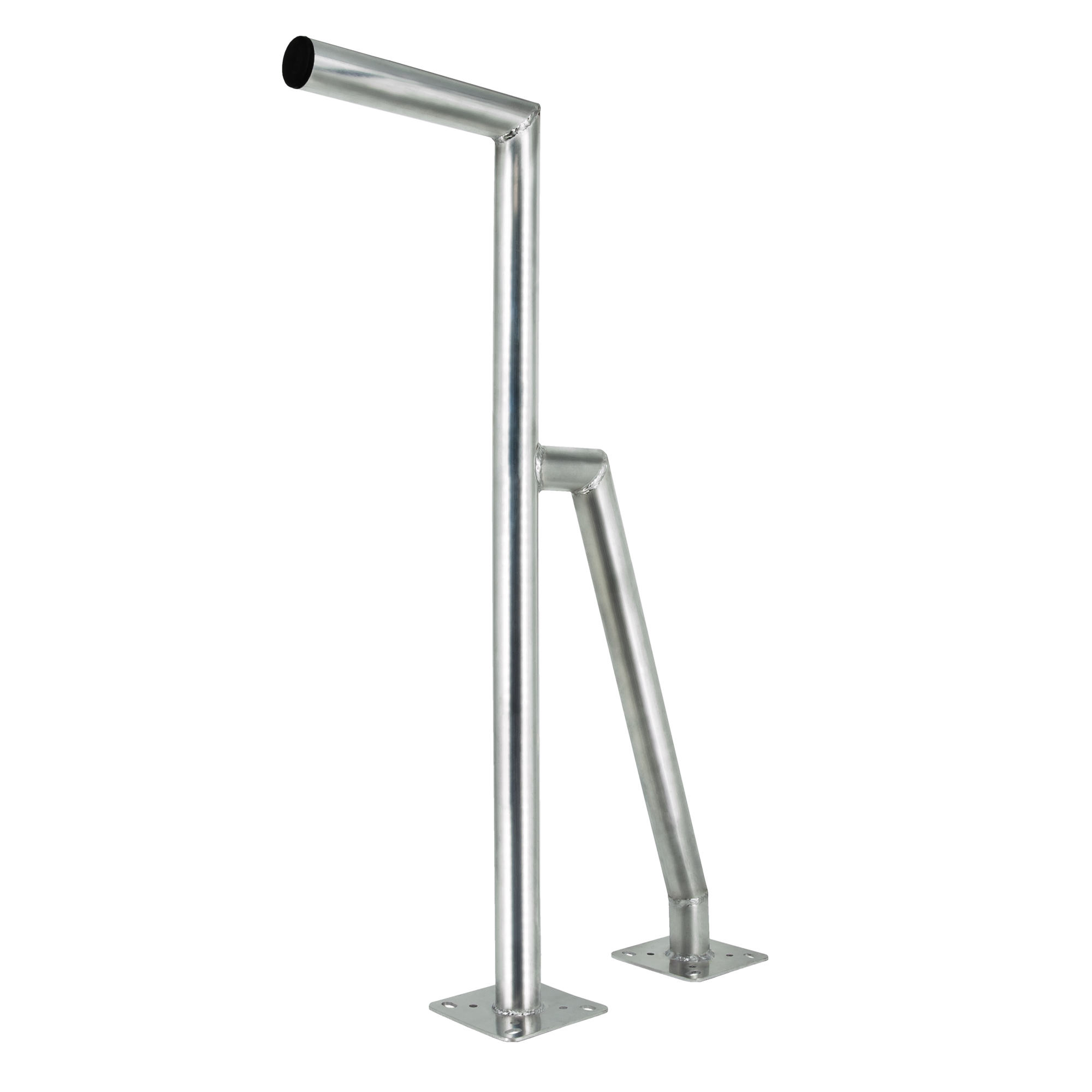 Ein silberner Metallpfosten mit einer oberen Ausladung und einer diagonalen Stütze auf quadratischen Bodenplatten.