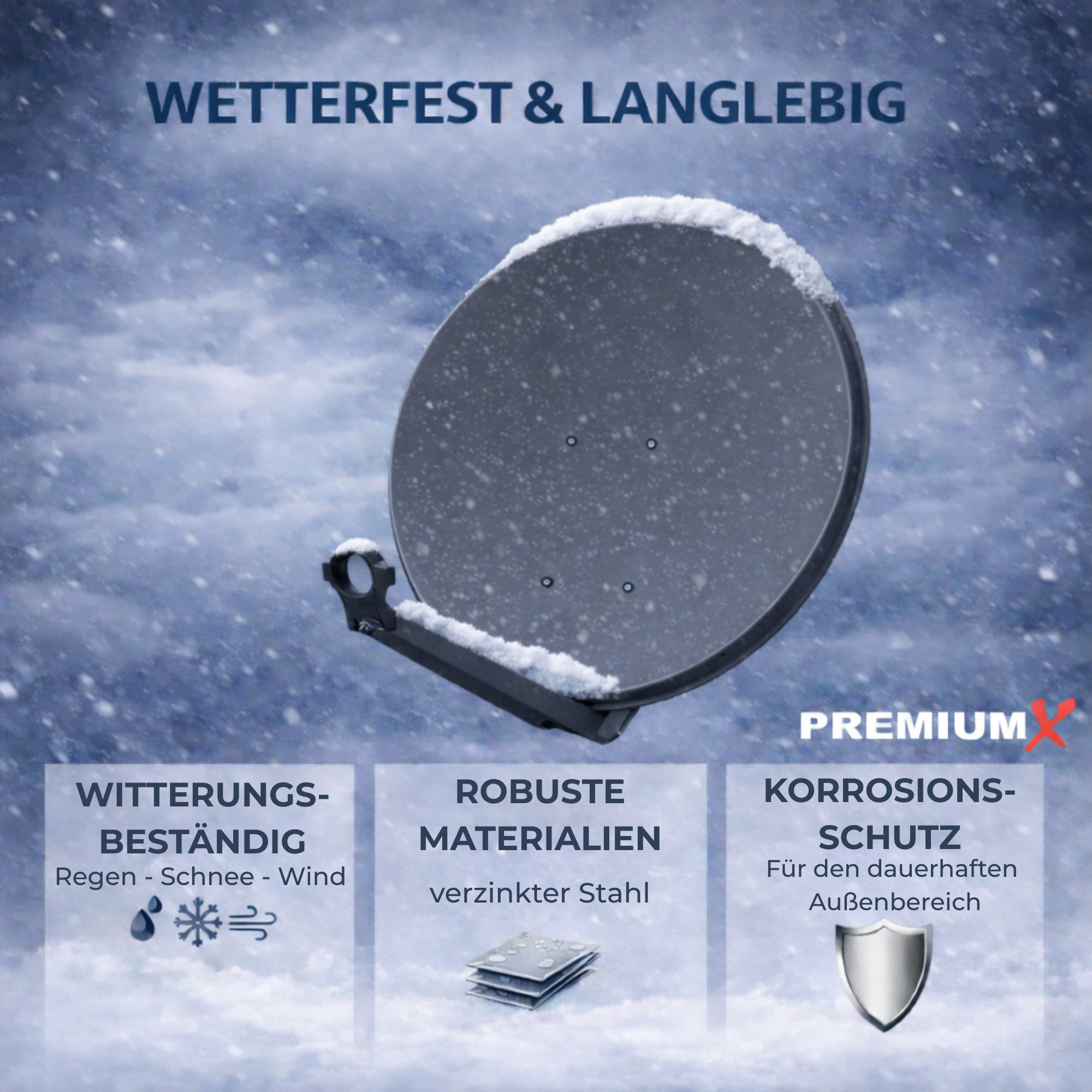 Wetterfeste Satellitenschüssel im Schnee mit Text und Symbolen für Korrosionsschutz.
