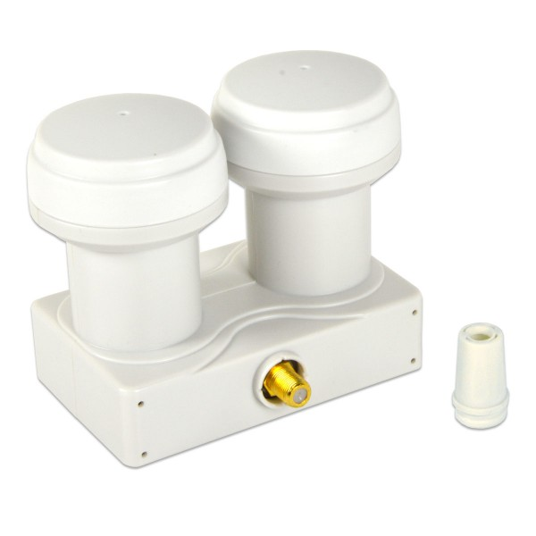 Ein weißer Monoblock-LNB mit zwei Feedhorns und einem goldenen Koaxialanschluss sowie einer separaten Kappe.