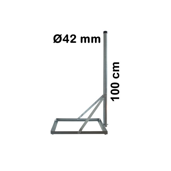 Ein silberner Metallständer mit quadratischem Boden, 100 cm hoher Stange und einem Durchmesser von 42 mm.