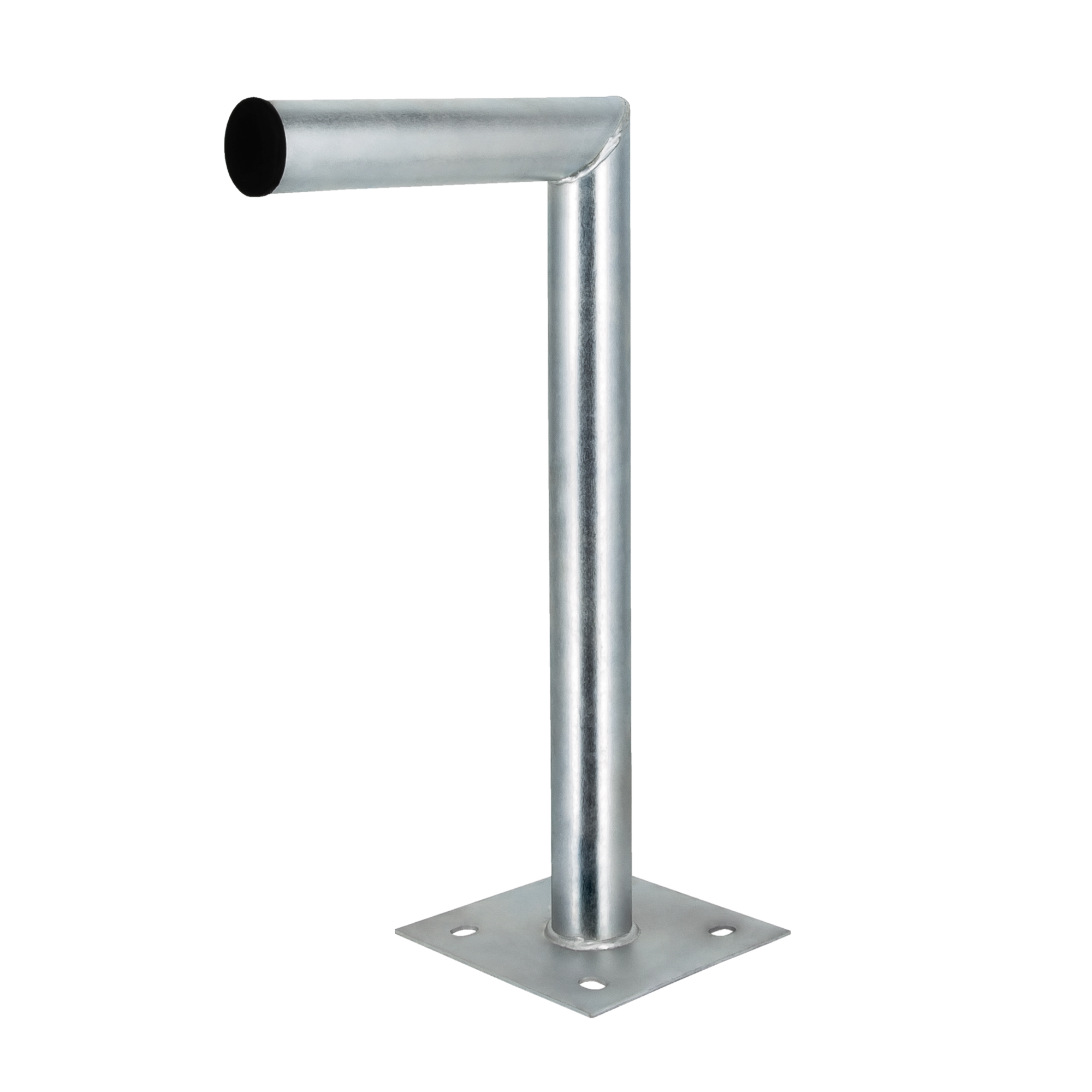 Ein silberner Metallpoller mit quadratischer Bodenplatte, senkrechter Stange und waagerechtem Arm auf weißem Hintergrund.
