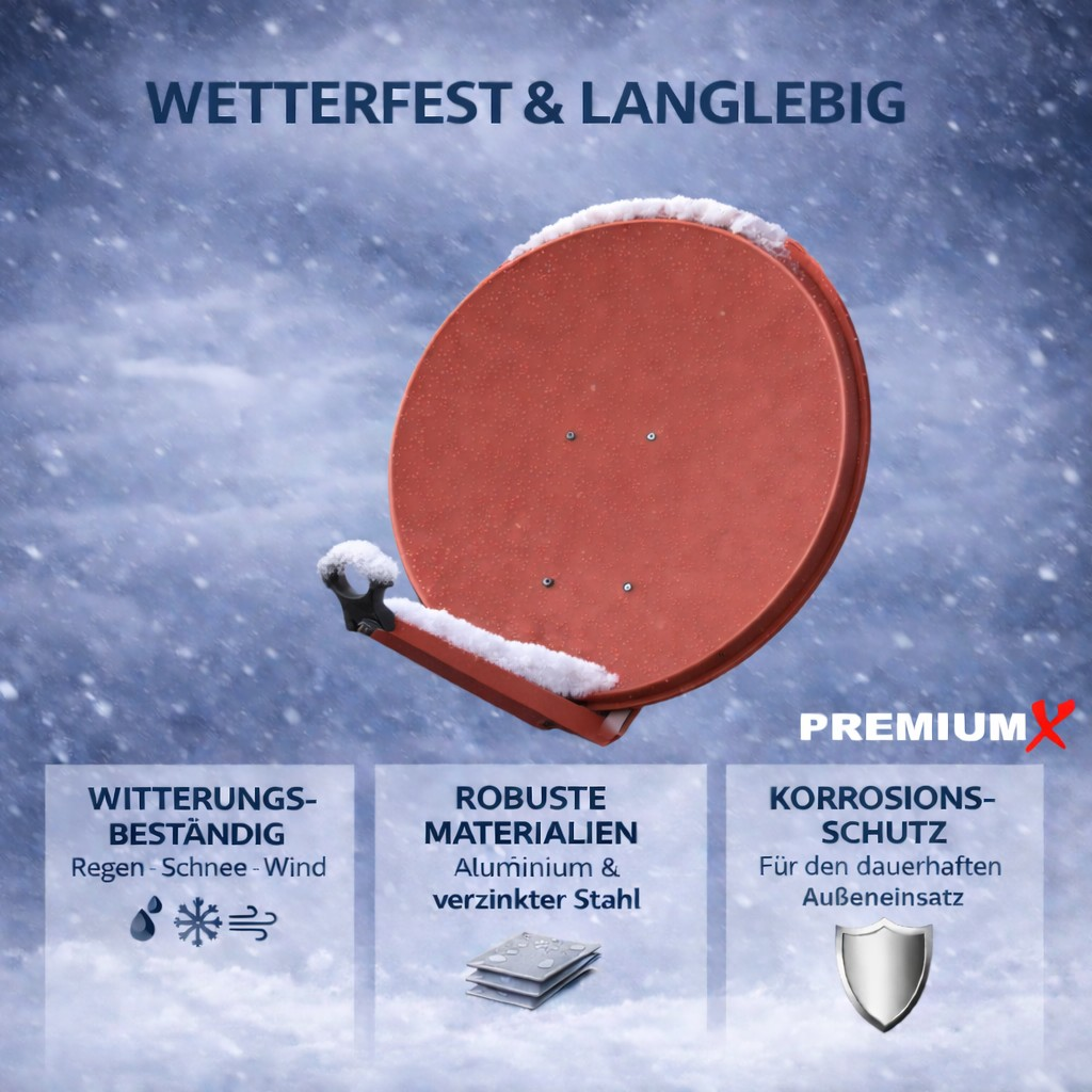 Rote Satellitenschüssel im Schnee mit Text zu Wetterfestigkeit und Material.