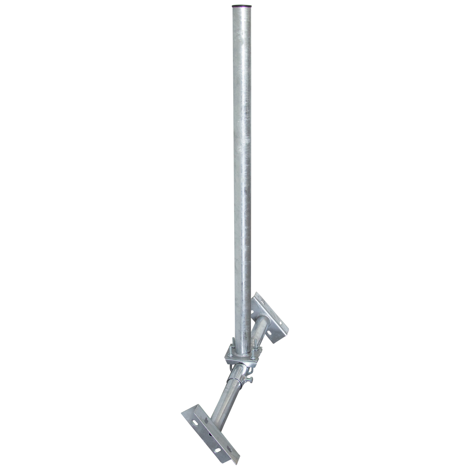 Ein silberner Metallpfosten mit Montageplatten und Klemmen auf weißem Hintergrund.