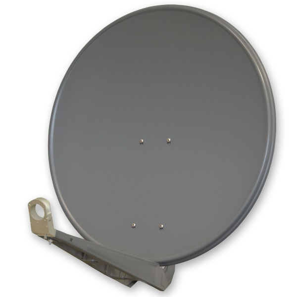 Eine graue Satellitenschüssel mit Montierungsarm auf weißem Hintergrund.
