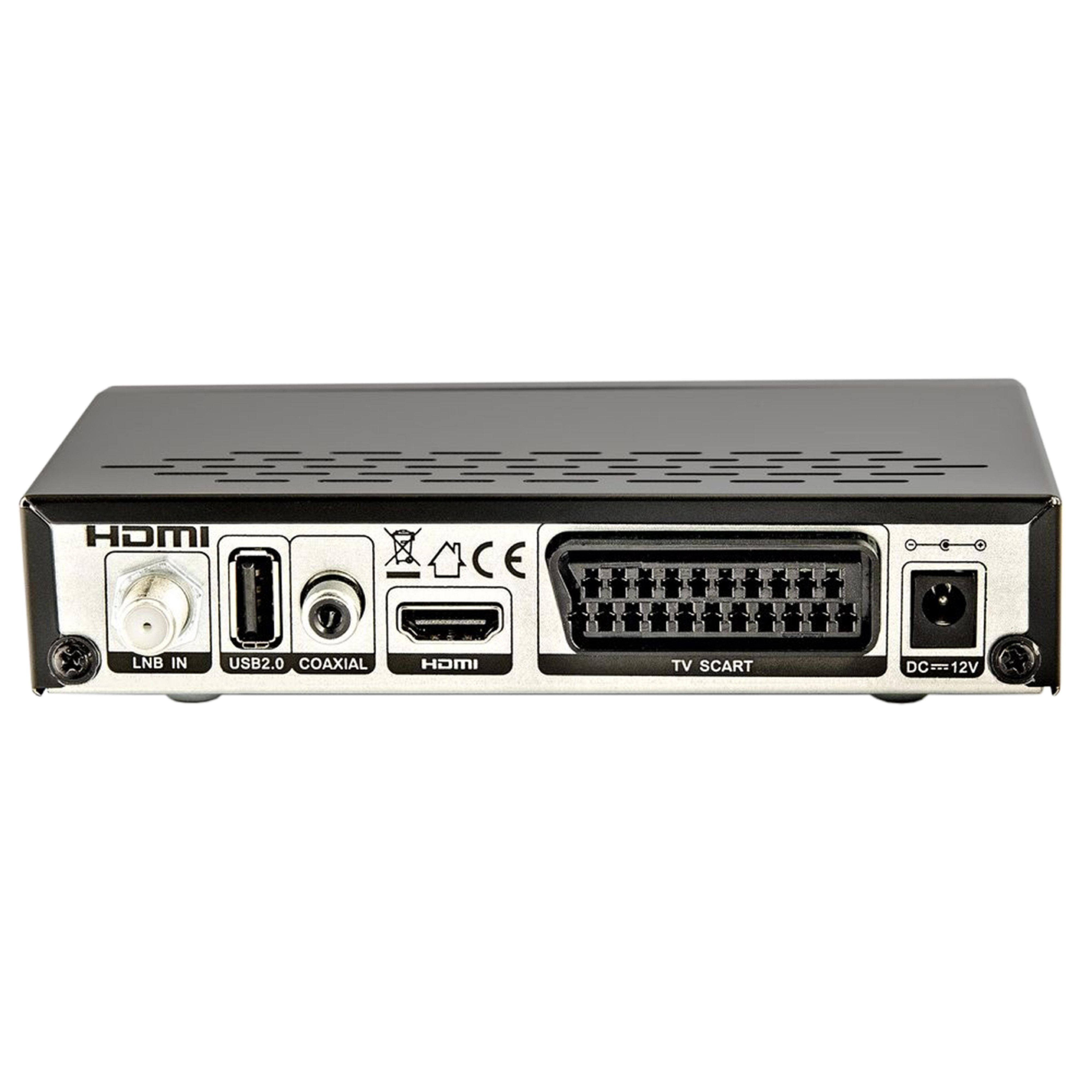Rückseite einer schwarzen TV-Box mit LNB-In-, USB-, Coaxial-, HDMI-, SCART- und Stromanschlüssen.