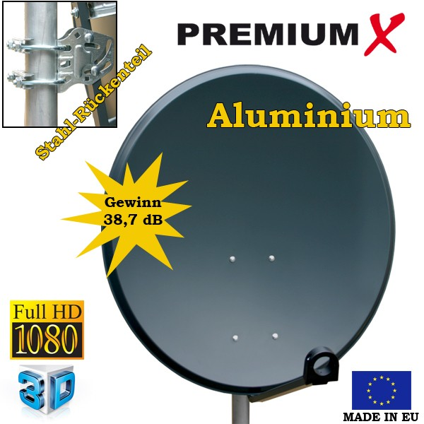 Eine graue Aluminium-Satellitenschüssel mit Texten und Logos wie Premium X und Full HD.
