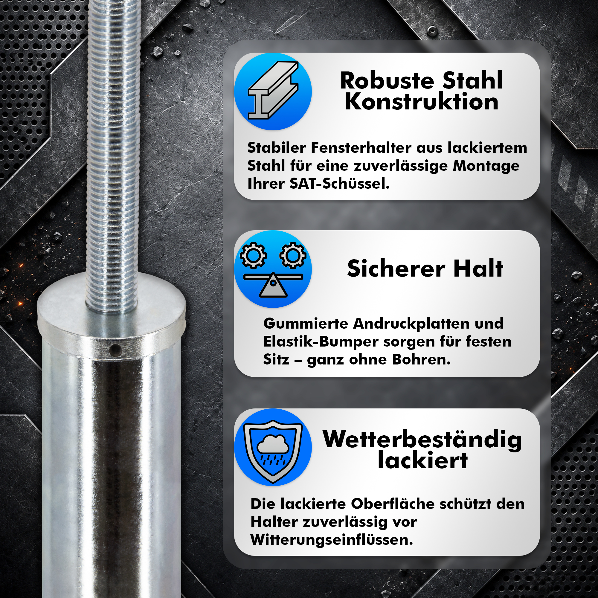 Produktmerkmale des Stahl-Fensterhalters: robuste Konstruktion, sicherer Halt und wetterbeständige Lackierung.