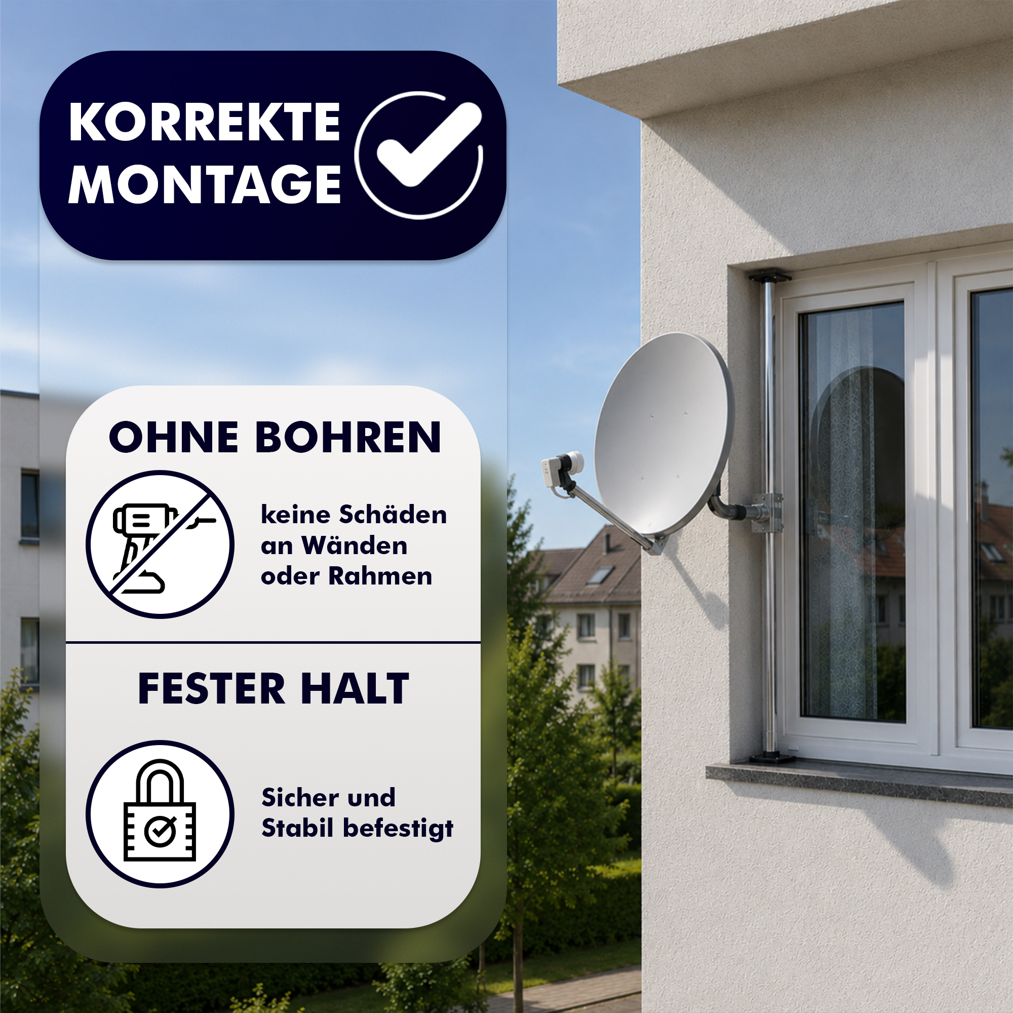 Satellitenschüssel bohrungsfrei per Stange an einem weißen Fenster montiert, mit Info-Grafiken zur Montage.