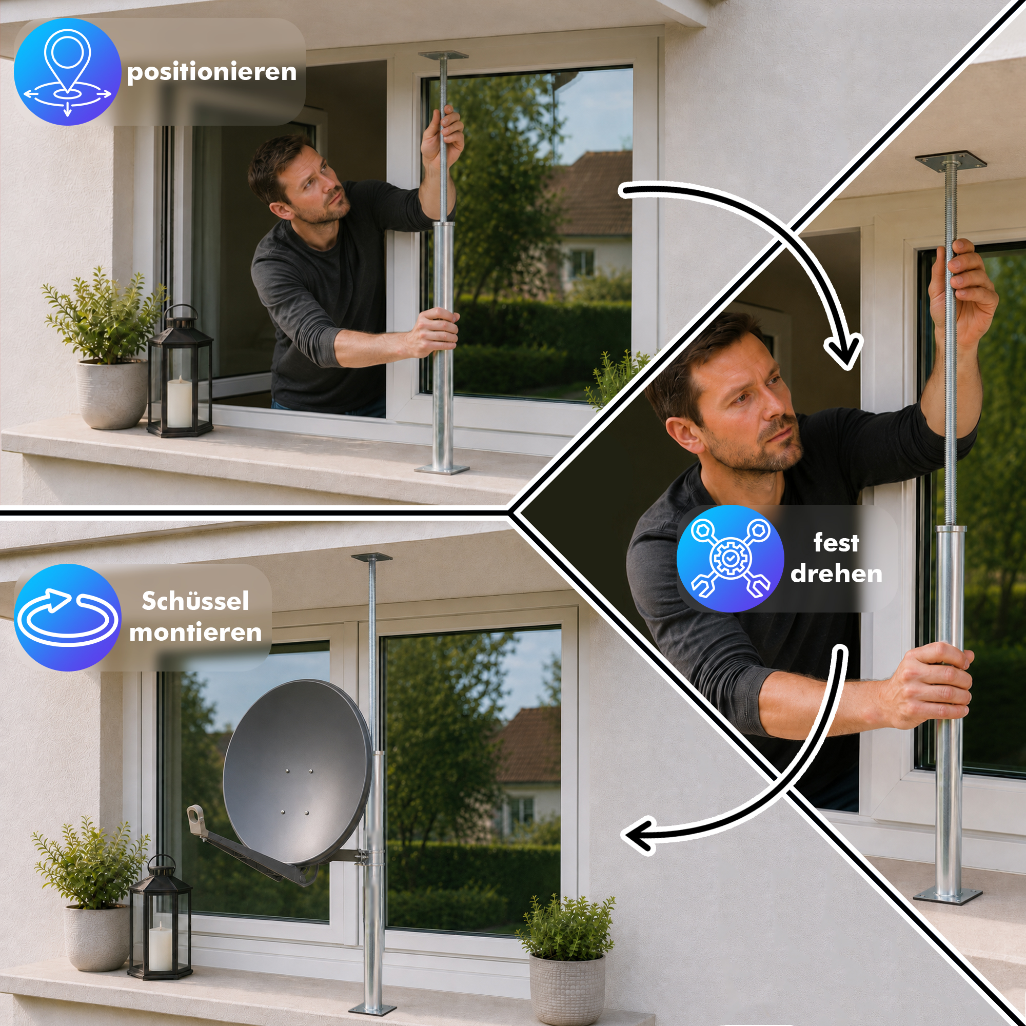 Eine dreiteilige Grafik zeigt die Montage einer Satellitenschüssel mit Teleskopstange vor einem Fenster.