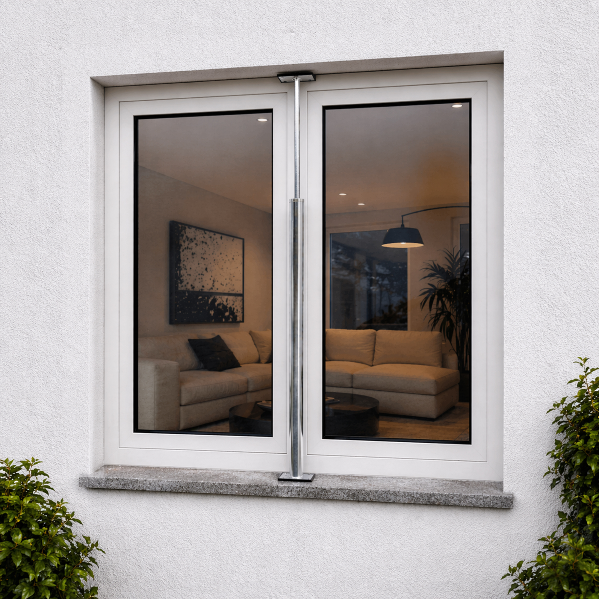 Weißes Fenster an einer weißen Wand mit einer Metall-Sicherheitsstange in der Mitte und einer Pflanze.
