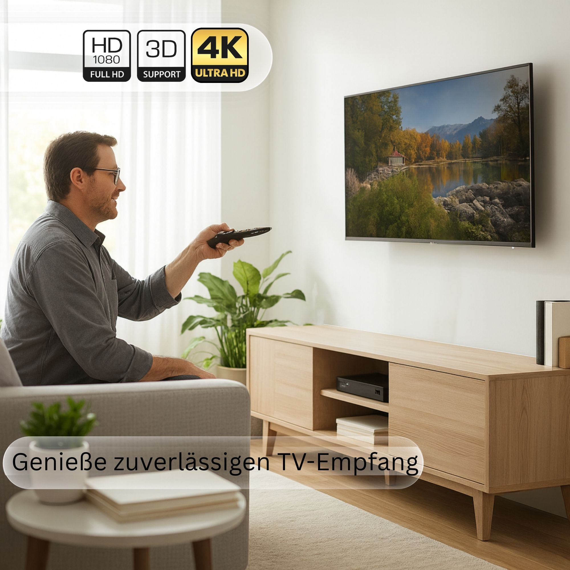 Ein Mann sitzt auf dem Sofa, hält eine Fernbedienung und schaut auf einen großen Fernseher.