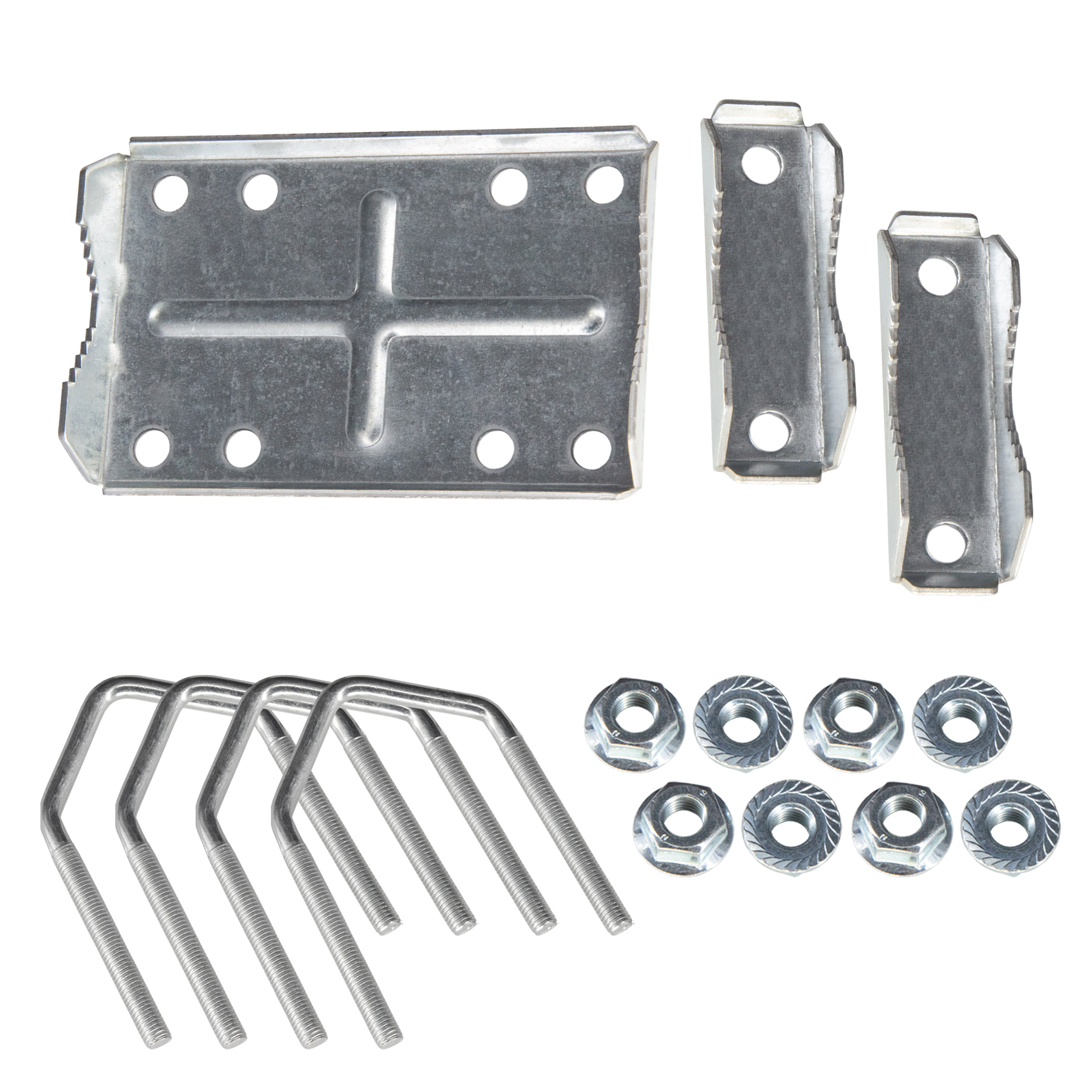 Verzinkte Metallplatten, U-Bögen und Muttern als Befestigungssatz.