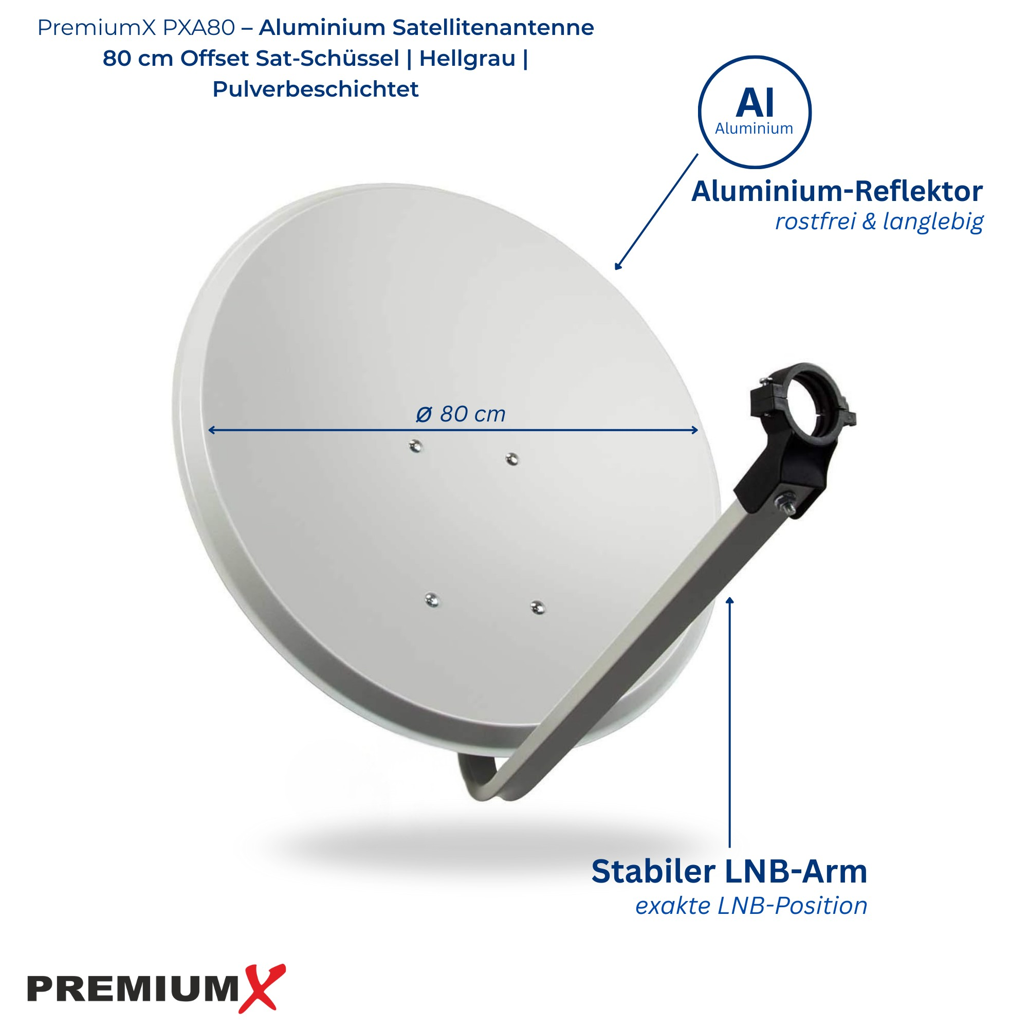 Hellgraue 80cm Aluminium-Satellitenantenne mit stabilem LNB-Arm und Beschriftungen.