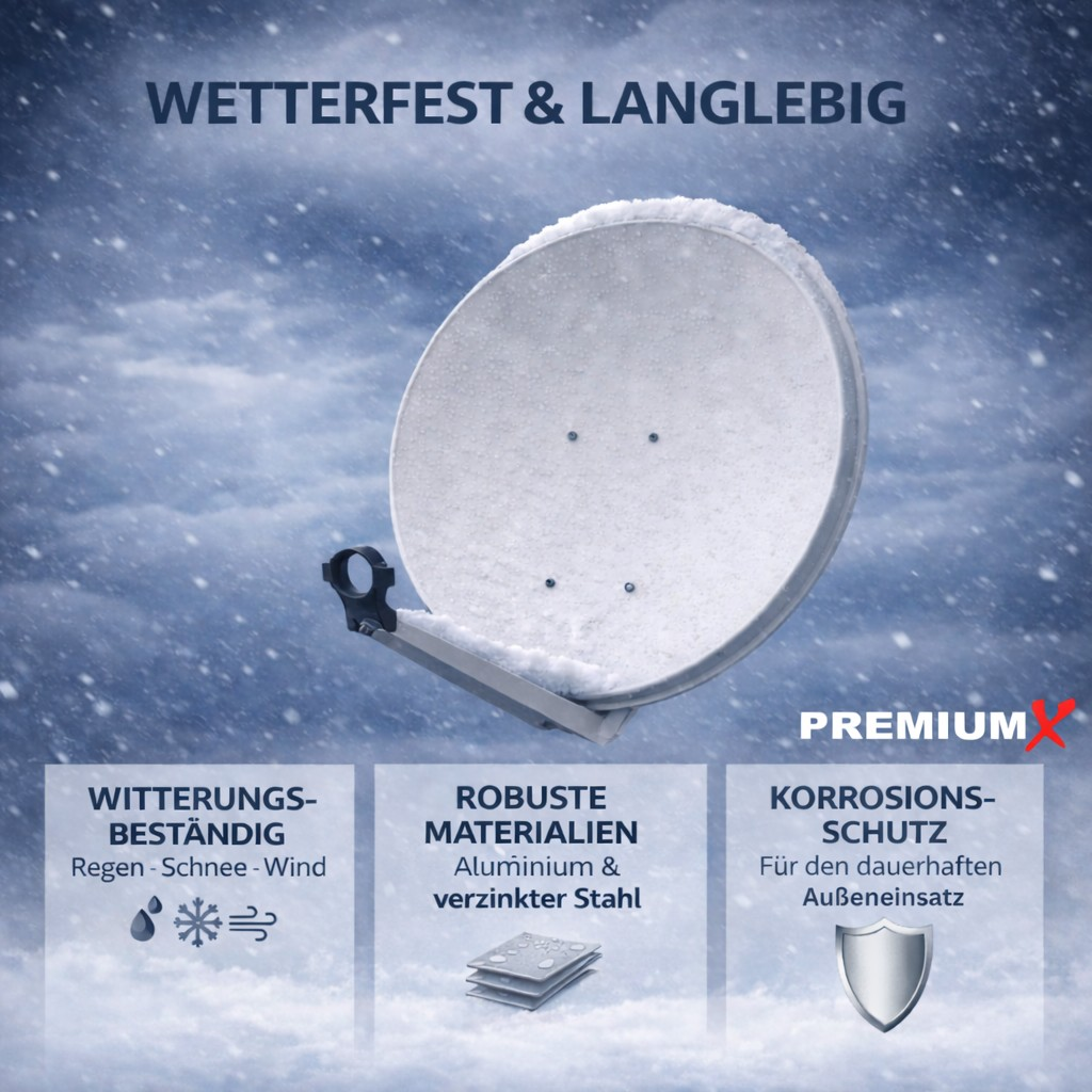 Eine verschneite Satellitenschüssel vor winterlichem Himmel mit Text und Infoboxen.