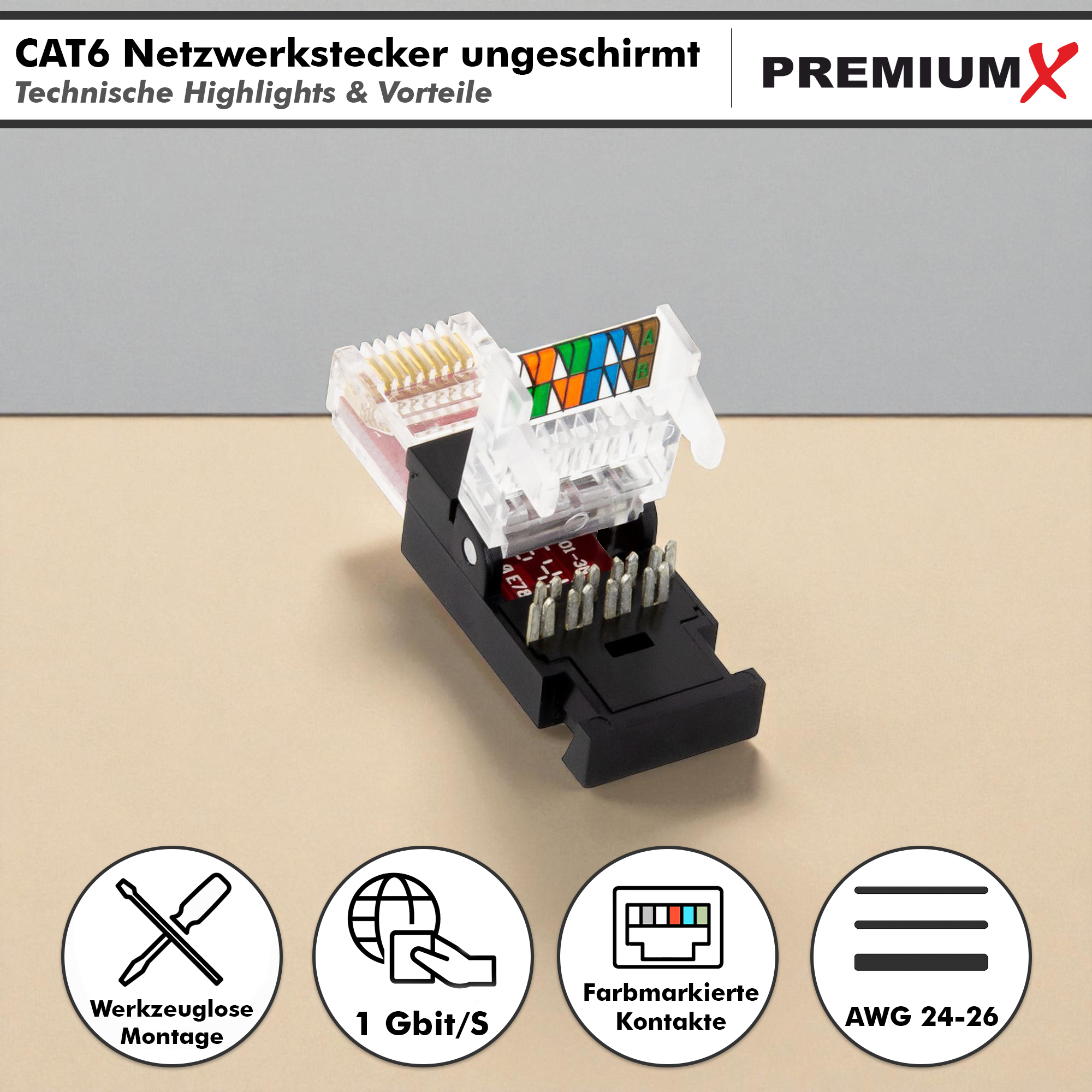 Ein ungeschirmter CAT6-Netzwerkstecker mit offenen Kontakten, farbigen Adernleitern und vier Symbolen unten.