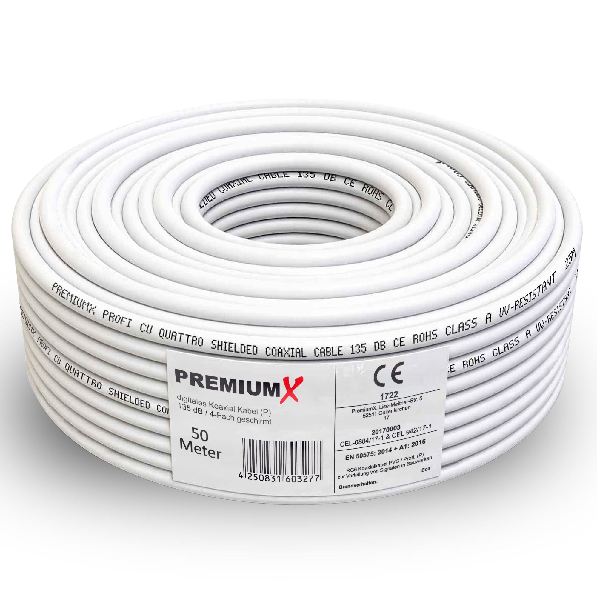 Eine aufgerollte weiße PremiumX Koaxialkabel-Rolle mit Produktetikett auf weißem Hintergrund.