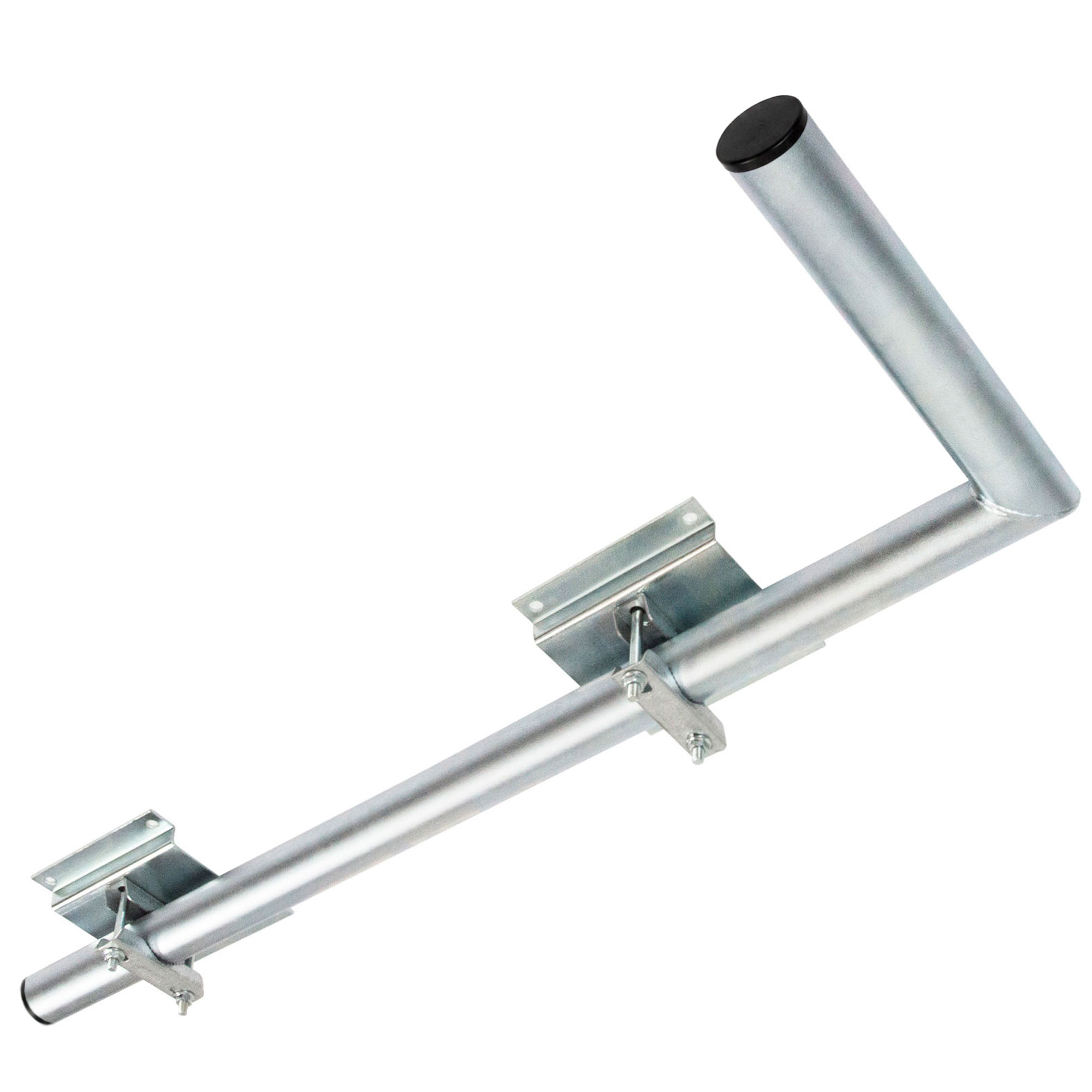 Verzinkte Metallhalterung mit zwei Montageplatten und einem abgewinkelten Rohr mit schwarzer Kappe.