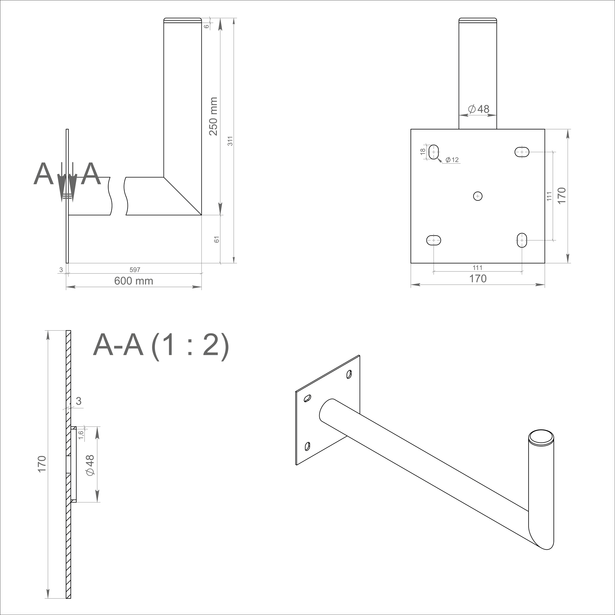 Technische Zeichnung eines L-förmigen Wandhalters mit Maßen und einer 3D-Ansicht.