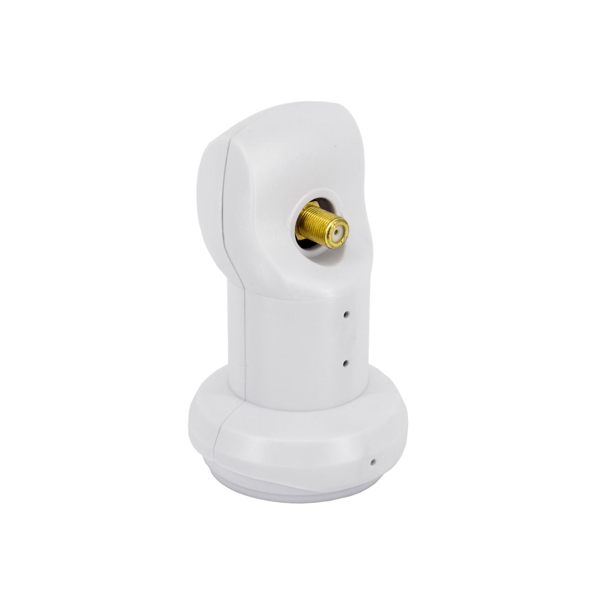 Ein weißer, vertikaler LNB mit goldenem F-Anschluss auf weißem Hintergrund.
