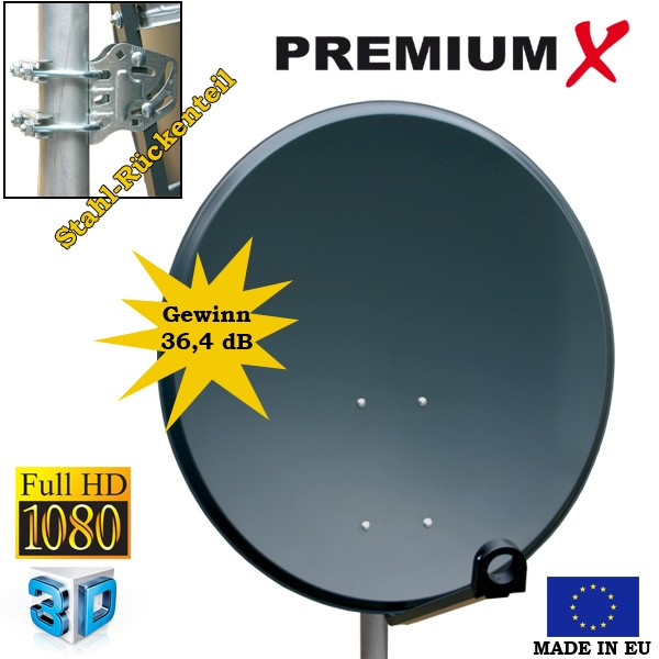Dunkle Satellitenschüssel mit Stahleckteil, Full HD, 3D und Gewinn-Angabe auf weißem Hintergrund.