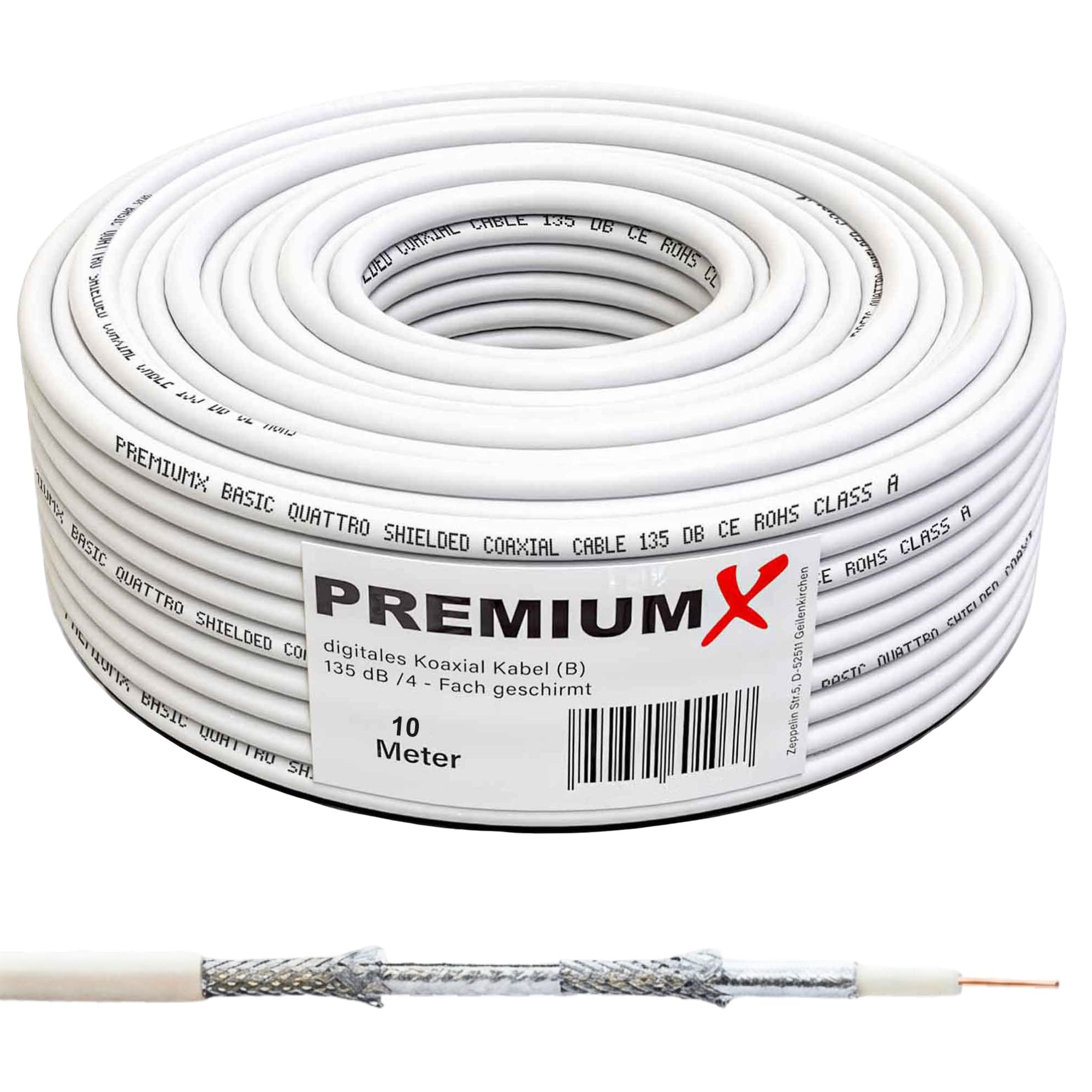 Eine große Rolle weißes PremiumX Koaxialkabel, 10 Meter, mit freiliegendem Kabelabschnitt unten.
