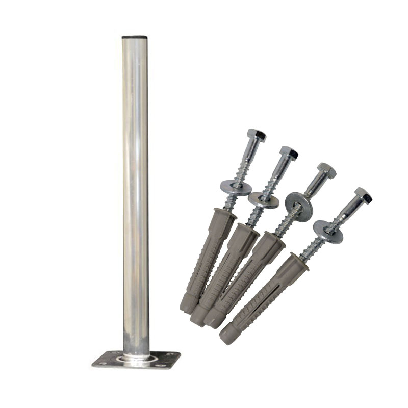 Ein silberner Metallstab mit Grundplatte und vier Schrauben mit grauen Dübeln.