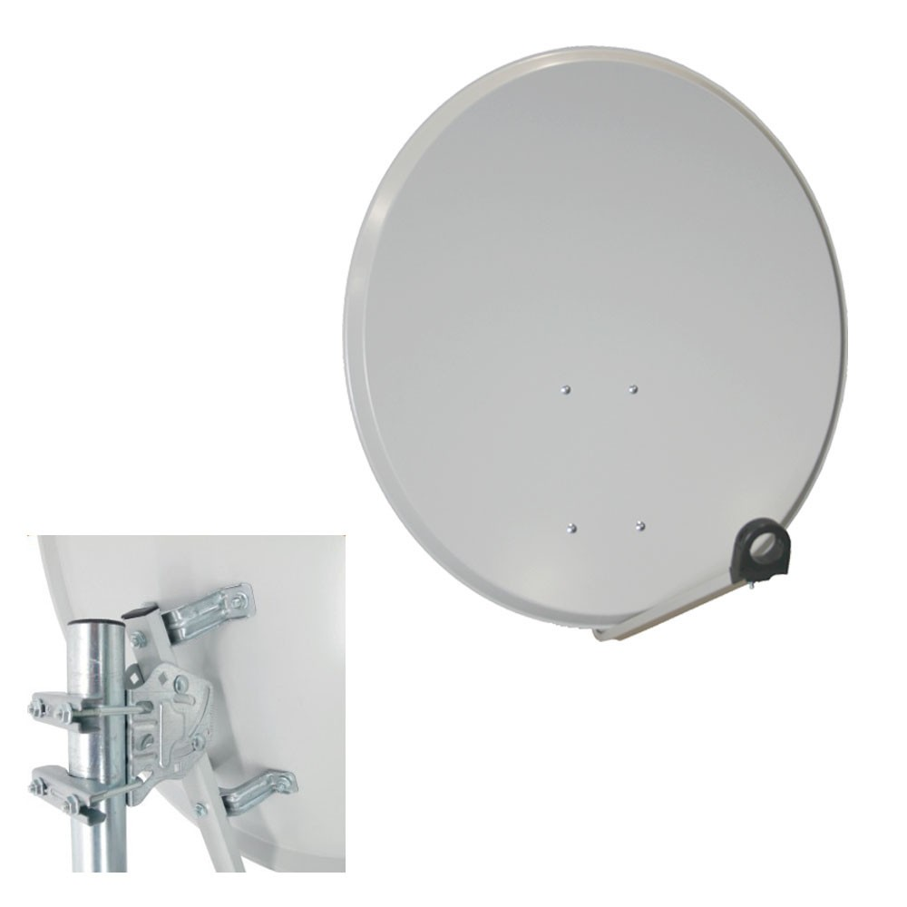 Graue Satellitenschüssel mit einem LNB-Halter und einer Detailansicht der Halterung an einer Stange.