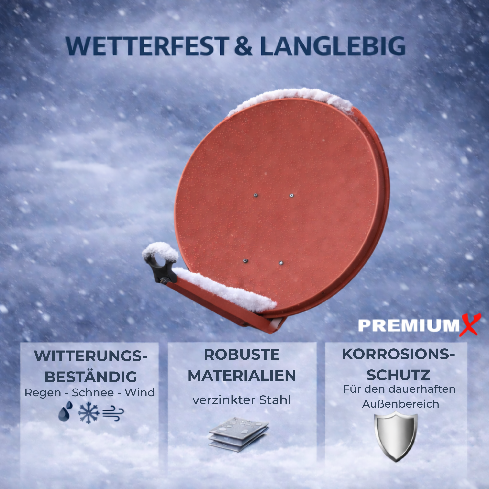 Rote Satellitenschüssel im Schnee mit Text über Wetterfestigkeit und Korrosionsschutz.