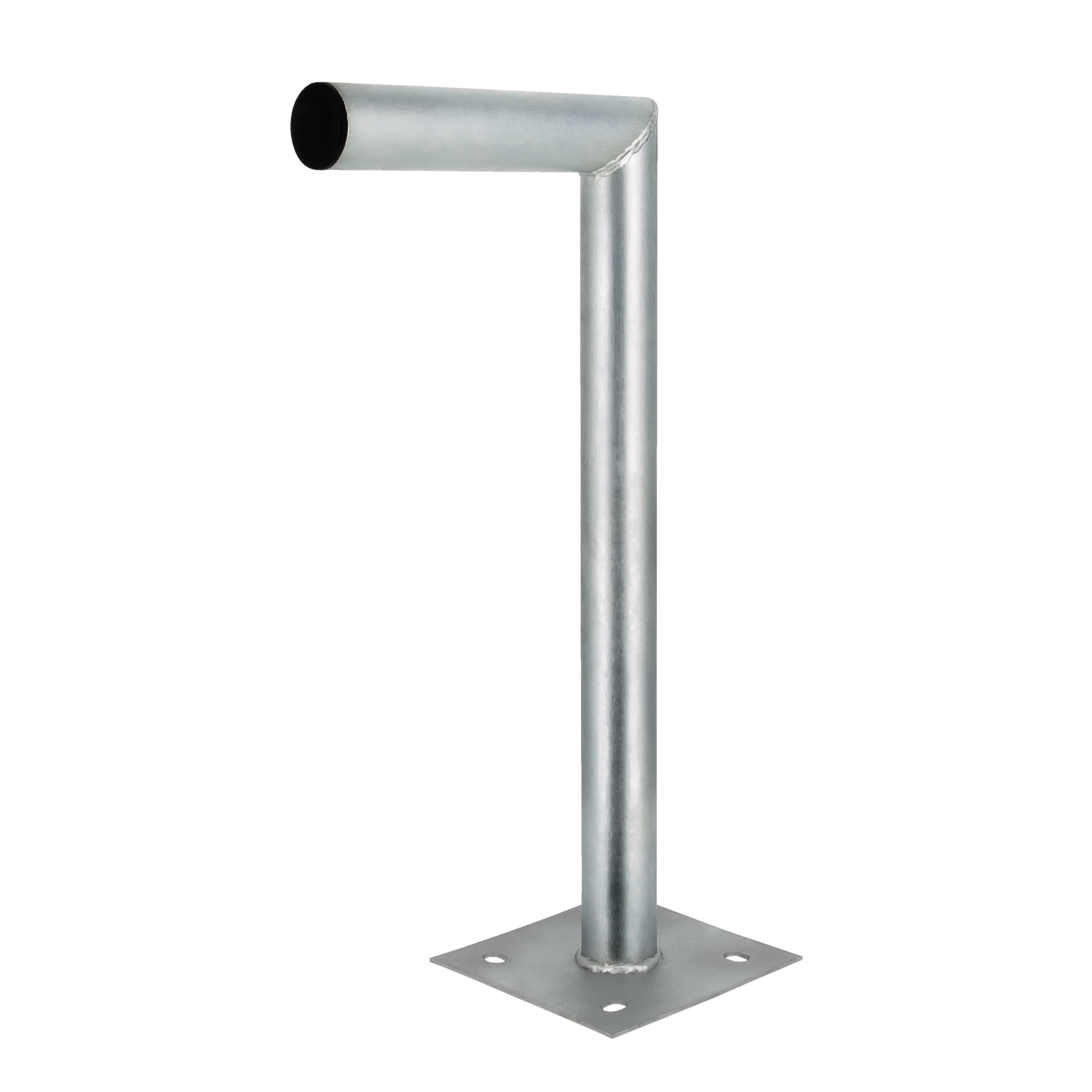 Verzinkter Metallpfosten in L-Form mit quadratischer Montageplatte auf weißem Hintergrund.
