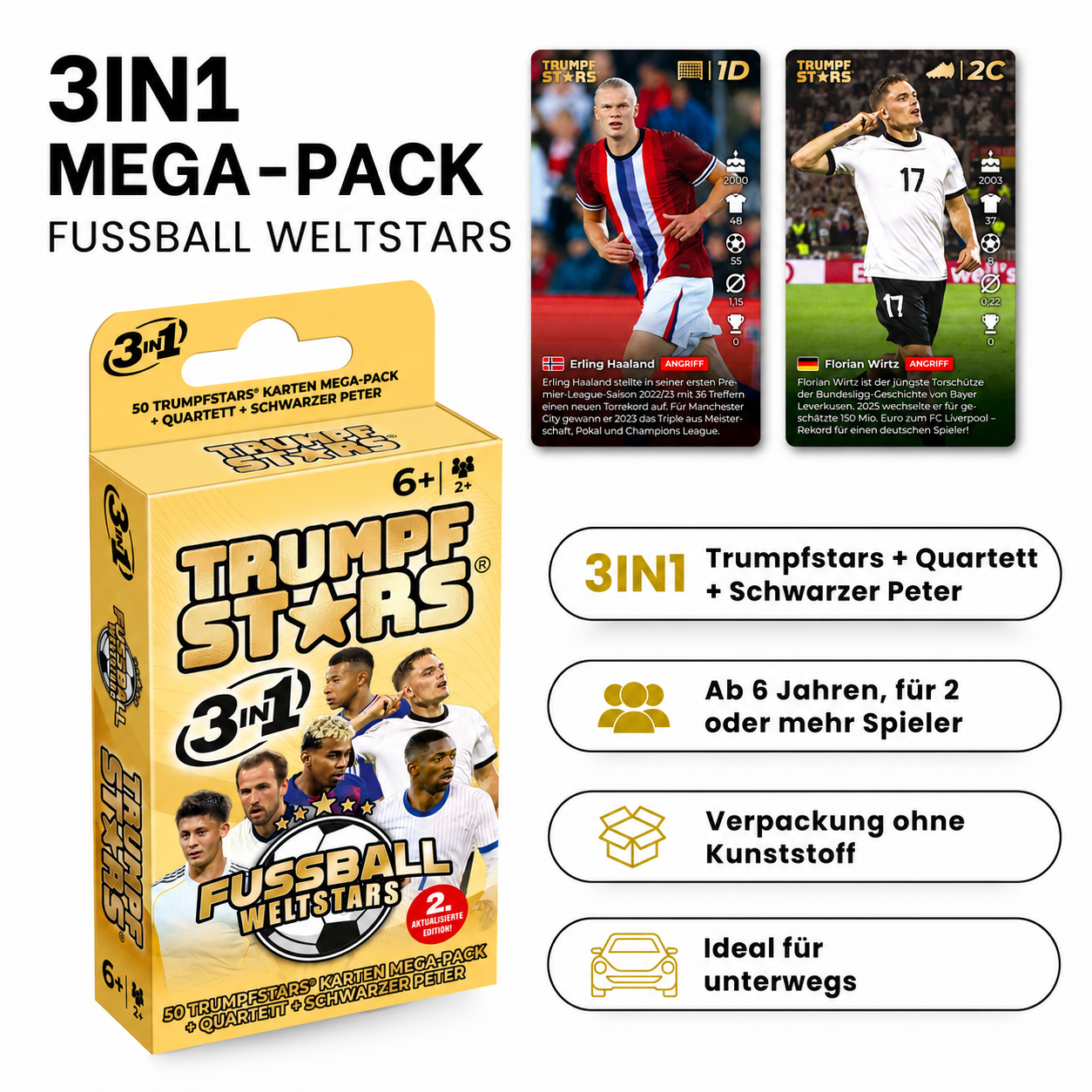 Trumfpstars Fussball Weltstars 3in1 Mega-Pack Kartenspiel mit Erling Haaland und Florian Wirtz Karten.