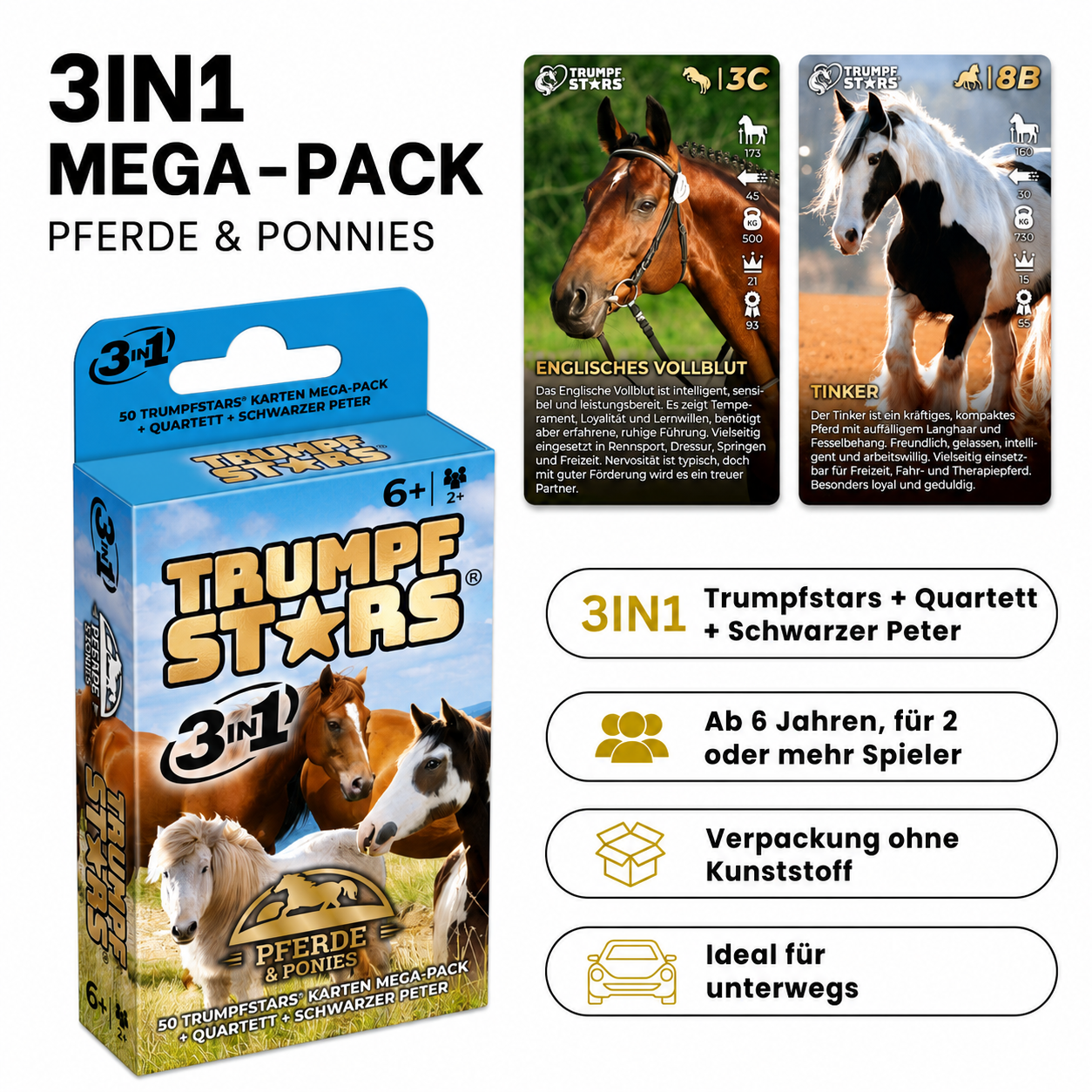 Spielverpackung von Trumpfstars Pferde & Ponies 3in1 mit zwei Beispielkarten und Spielfunktionen.