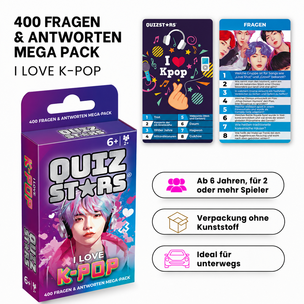 Quizstars K-Pop Kartenspiel für 2+ Spieler ab 6 Jahren mit Box, Karten und K-Pop-Motiven.