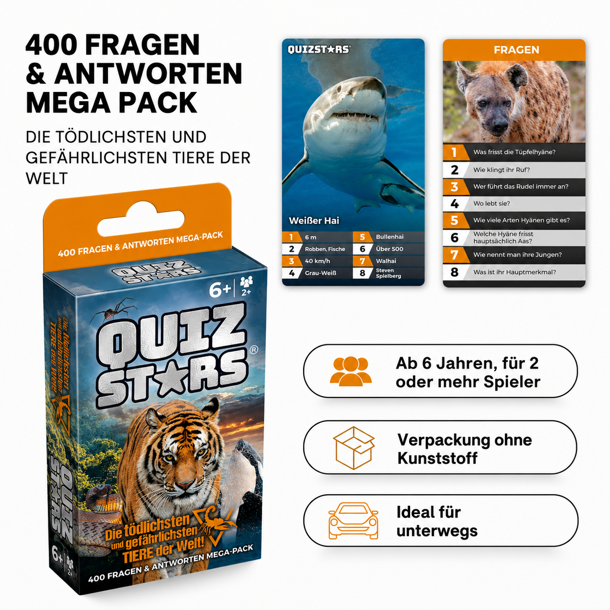 Quizstars Kartenspiel über gefährliche Tiere mit Box, Beispielkarten und Icons für Alter, plastikfreie Verpackung und Reise.