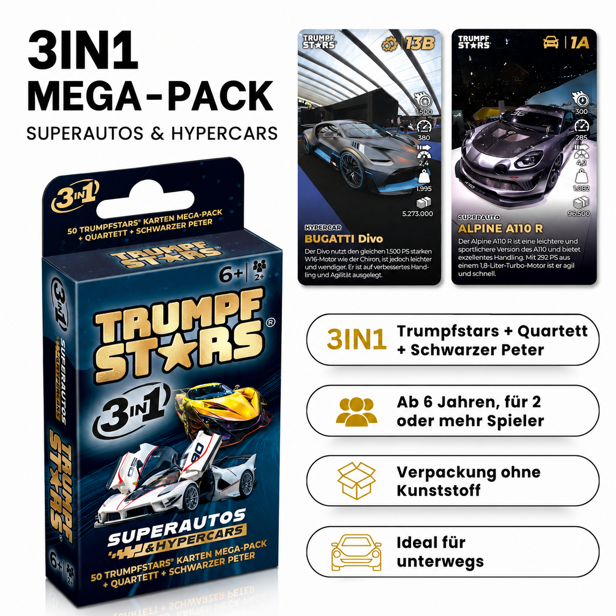 Trumpfstars 3in1 Mega-Pack Kartenspiel mit Bugatti und Alpine, ab 6 Jahren.
