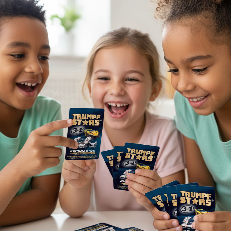 Drei glückliche Kinder spielen zusammen Kartenspiel und halten bunte Spielkarten.
