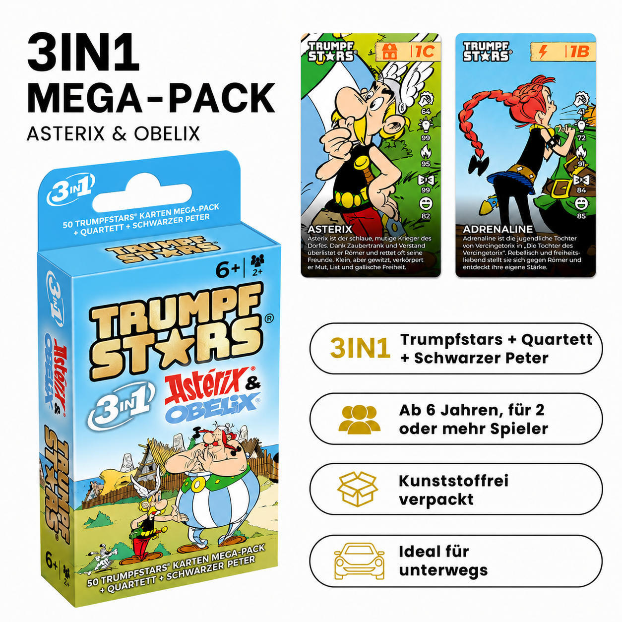 Asterix und Obelix 3-in-1 Mega-Pack Kartenspiel mit blauer Verpackung und Beispielkarten.