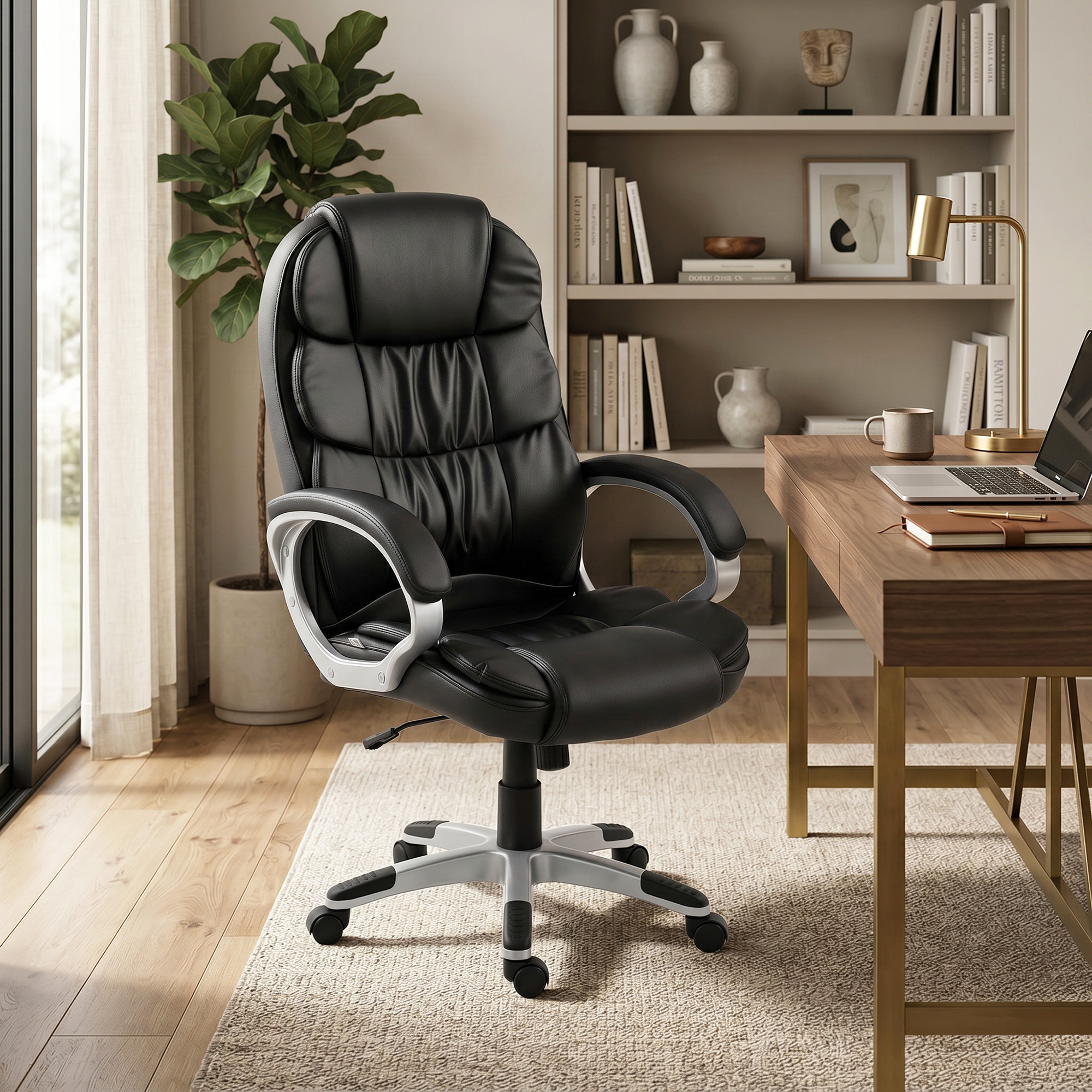 Una sedia da ufficio in pelle nera si trova in un home office moderno davanti a una scrivania.