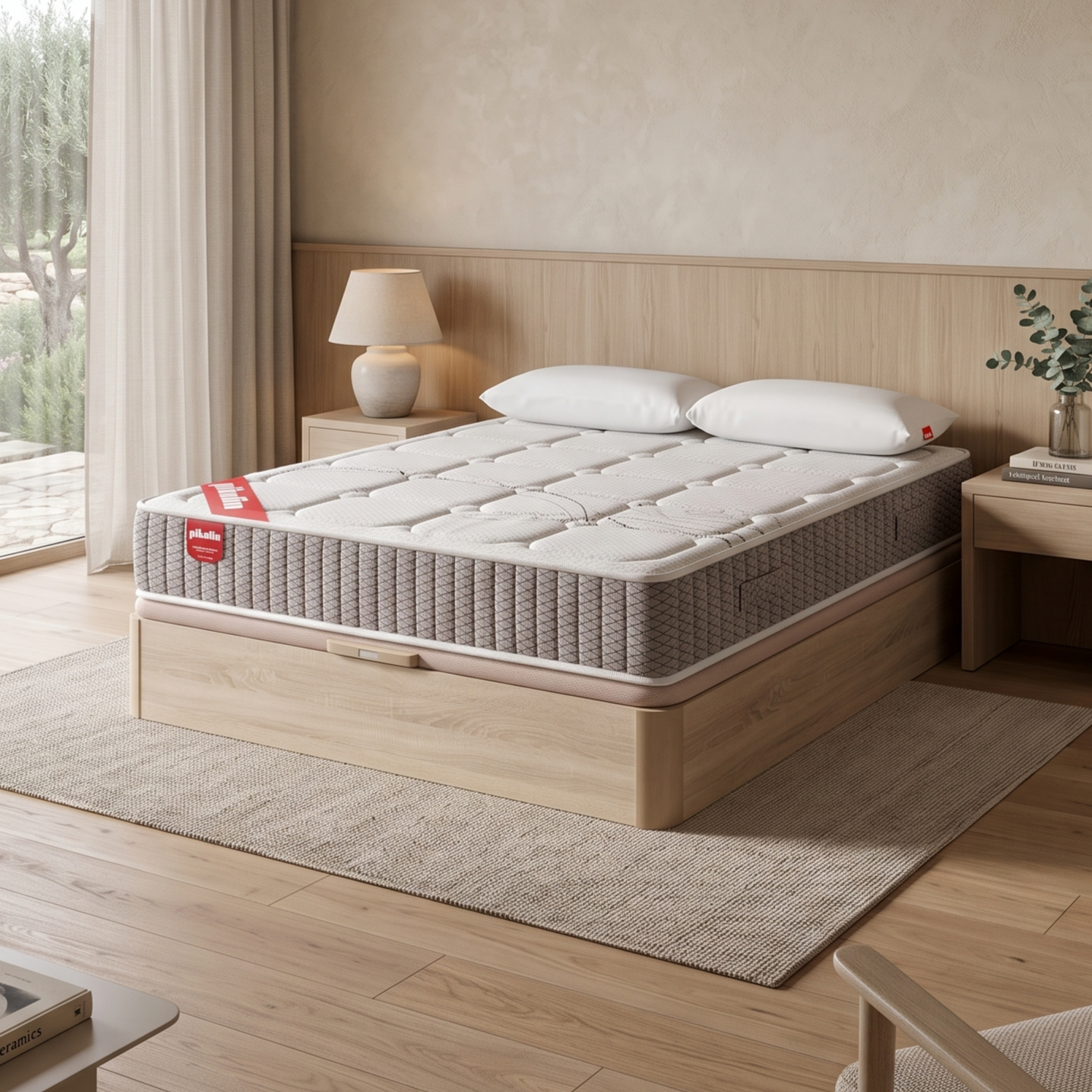 Un dormitorio acogedor con una cama grande, colchón gris con patrón, almohadas blancas y mesitas de noche de madera.