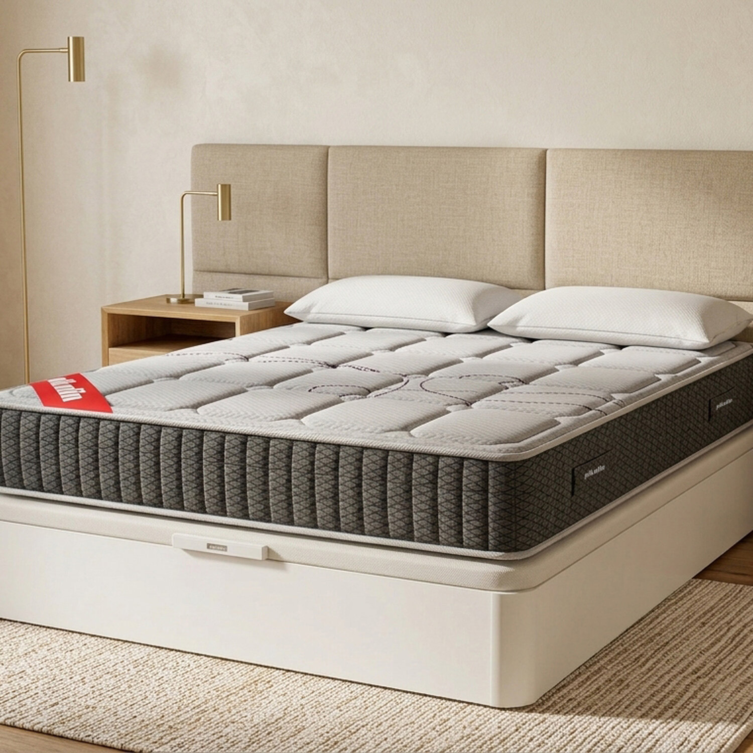 Cama moderna con cabecero tapizado, almohadas blancas, colchón estampado y mesita de noche con lámpara.