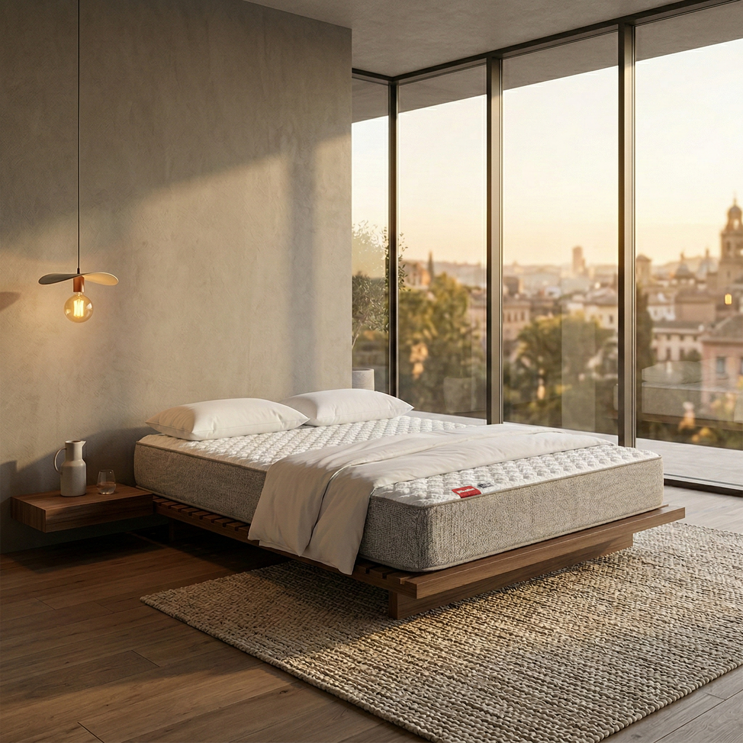 Dormitorio moderno con cama de plataforma, alfombra texturizada y grandes ventanales con vista a la ciudad.