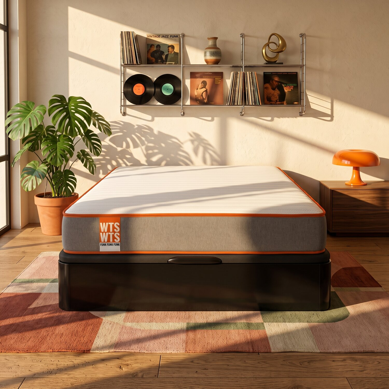 Una cama sobre una alfombra en una habitación con estantes, plantas y una lámpara naranja.