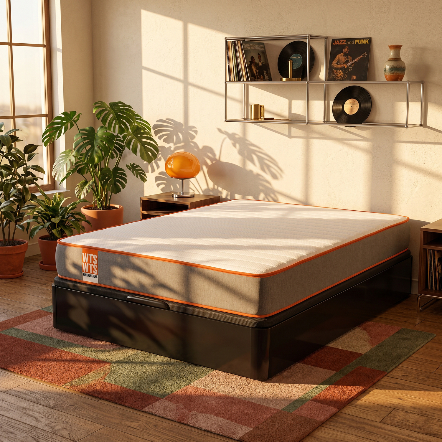 Un dormitorio luminoso con una cama sobre una alfombra colorida, plantas en macetas junto a la ventana y discos en una balda.