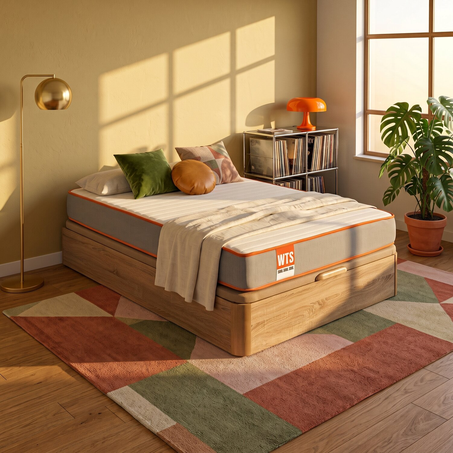 Dormitorio soleado con una cama de madera, cojines coloridos, una lámpara de pie dorada y una planta en maceta junto a la ventana.