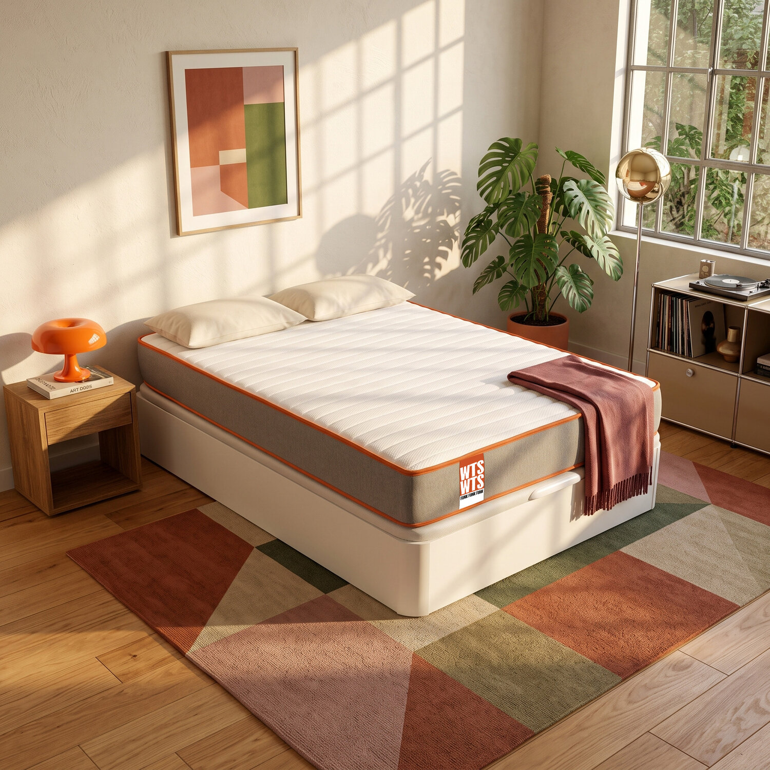 Una cama blanca con un colchón de borde naranja se encuentra en una habitación luminosa sobre una alfombra.