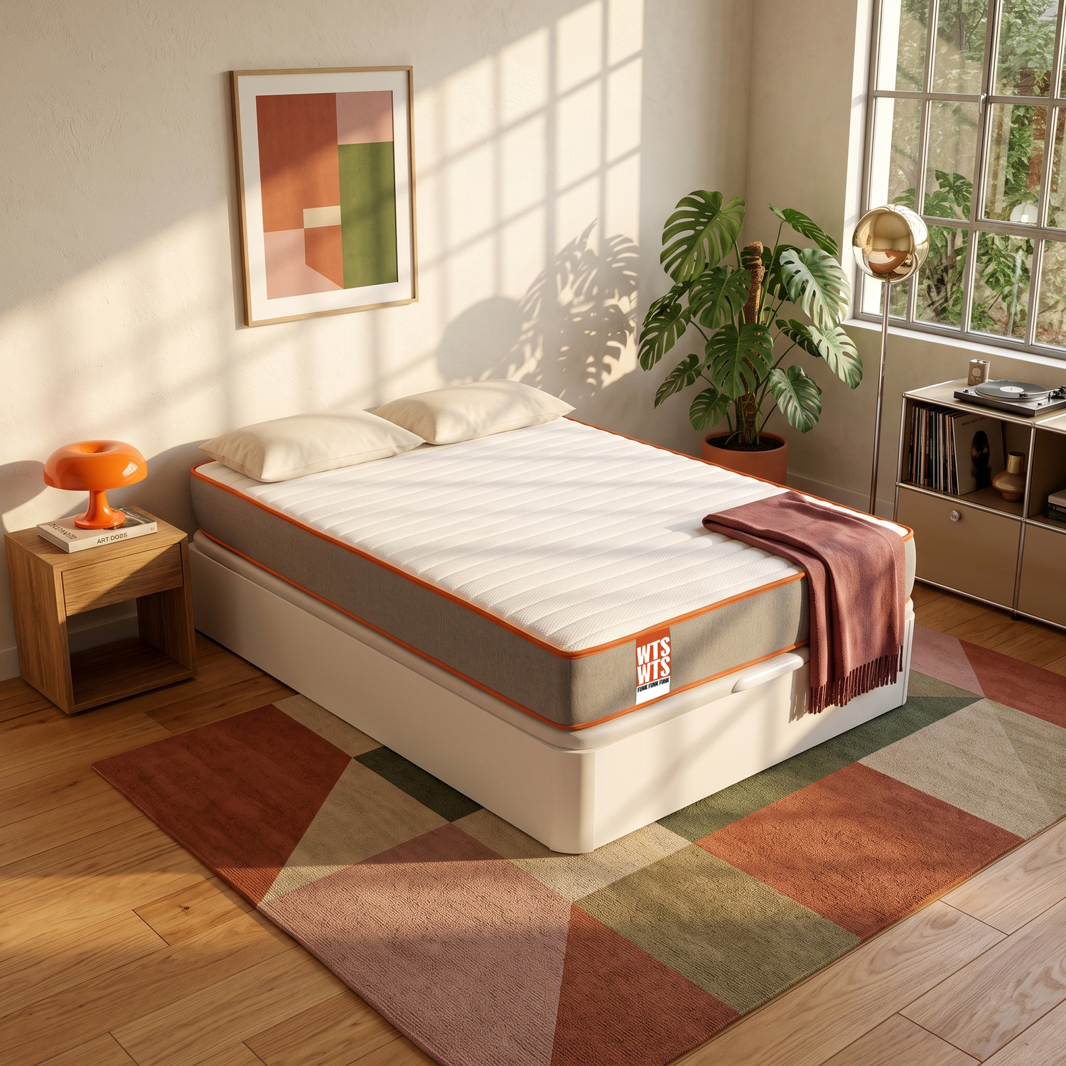 Un dormitorio soleado con una cama moderna sobre una alfombra colorida, una planta en maceta y arte abstracto en la pared.