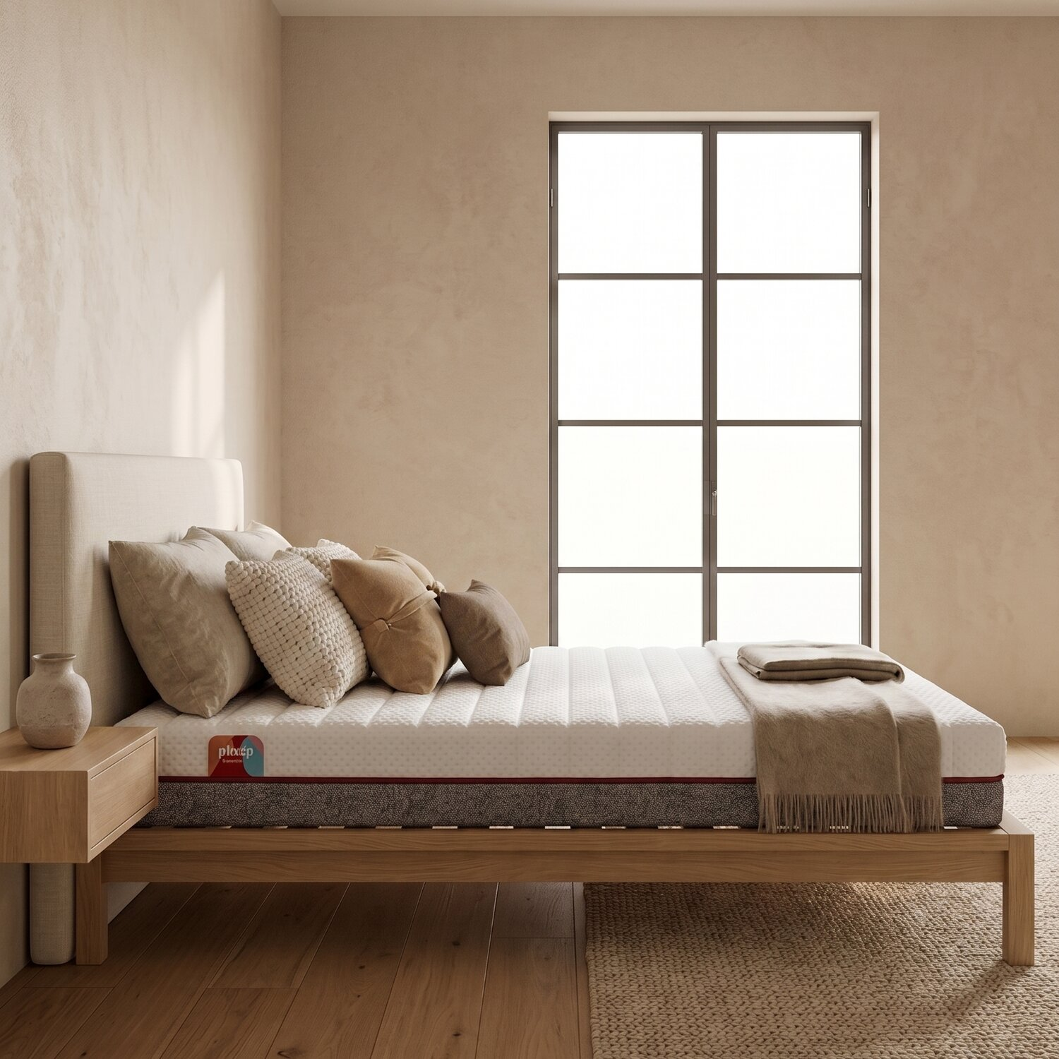 Dormitorio minimalista con cama de madera, colchón blanco, cojines neutros, manta y gran ventana de cuarterones.